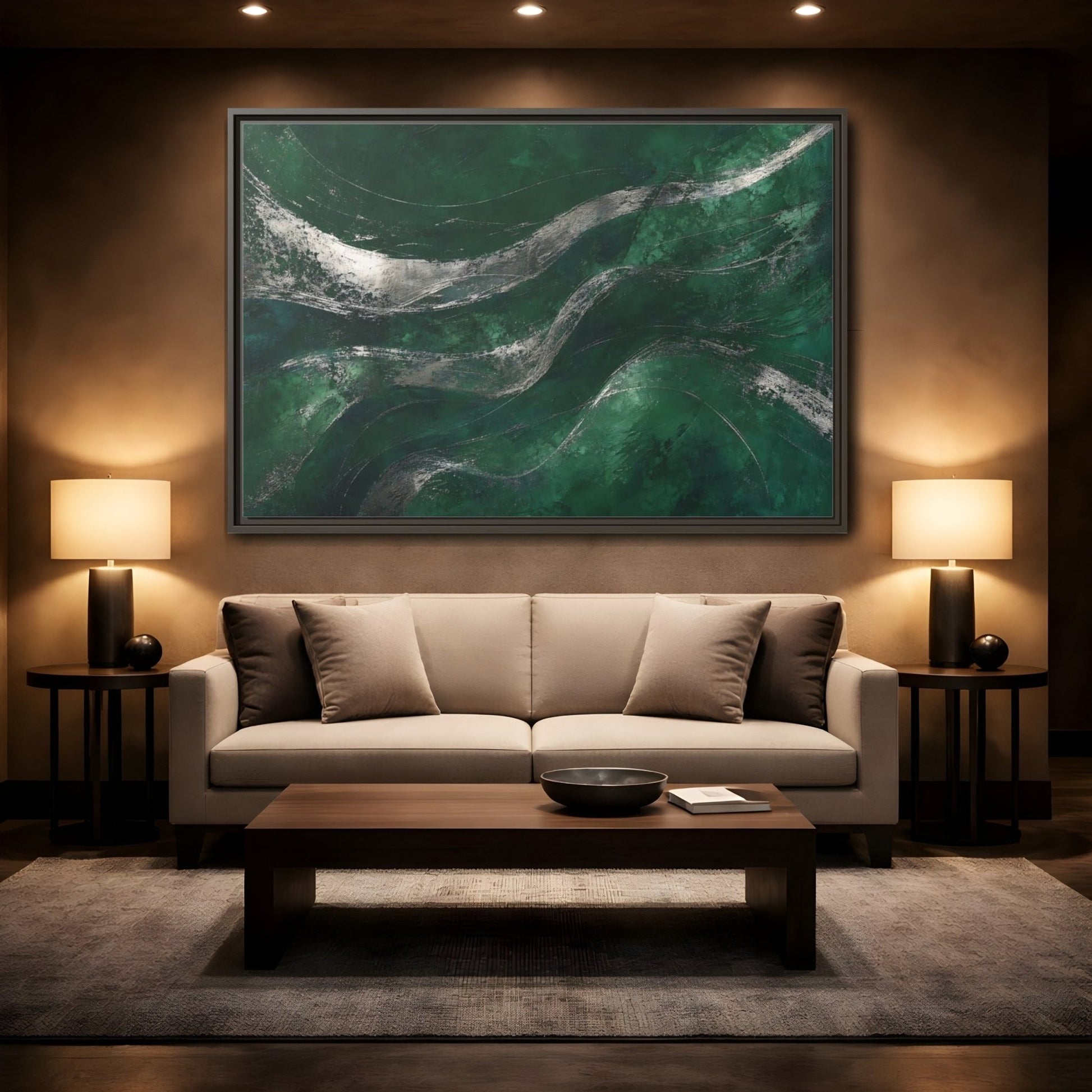 Abstract Wavy Texture Green And Silver Framed Canvas Print – Decor for Living Room, Above Console Table - YesArtYes