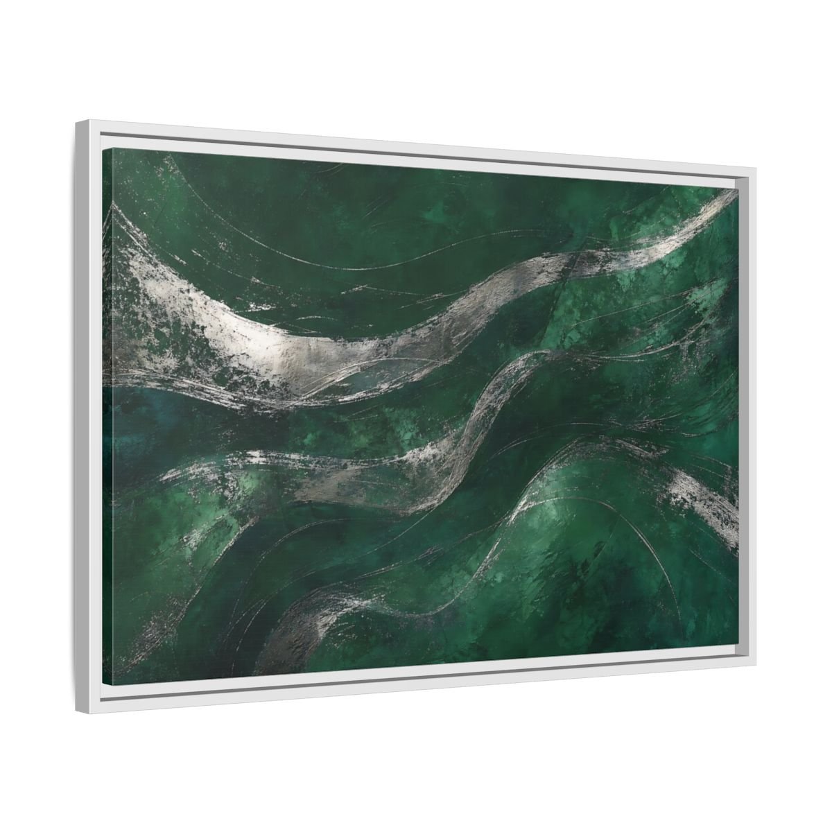 Abstract Wavy Texture Green And Silver Framed Canvas Print – Decor for Living Room, Above Console Table - YesArtYes