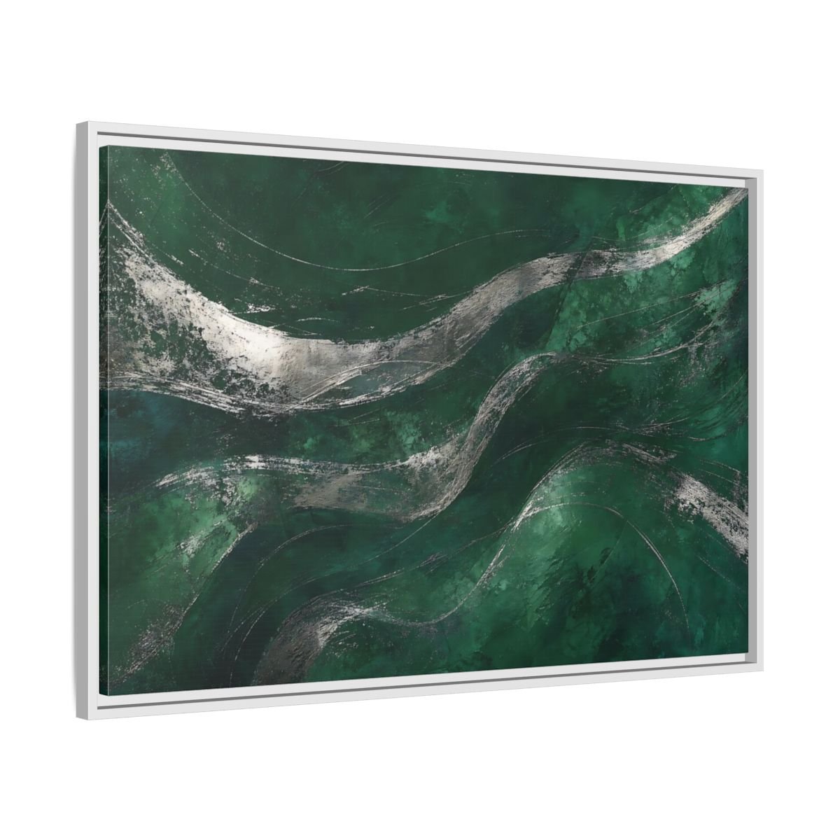 Abstract Wavy Texture Green And Silver Framed Canvas Print – Decor for Living Room, Above Console Table - YesArtYes