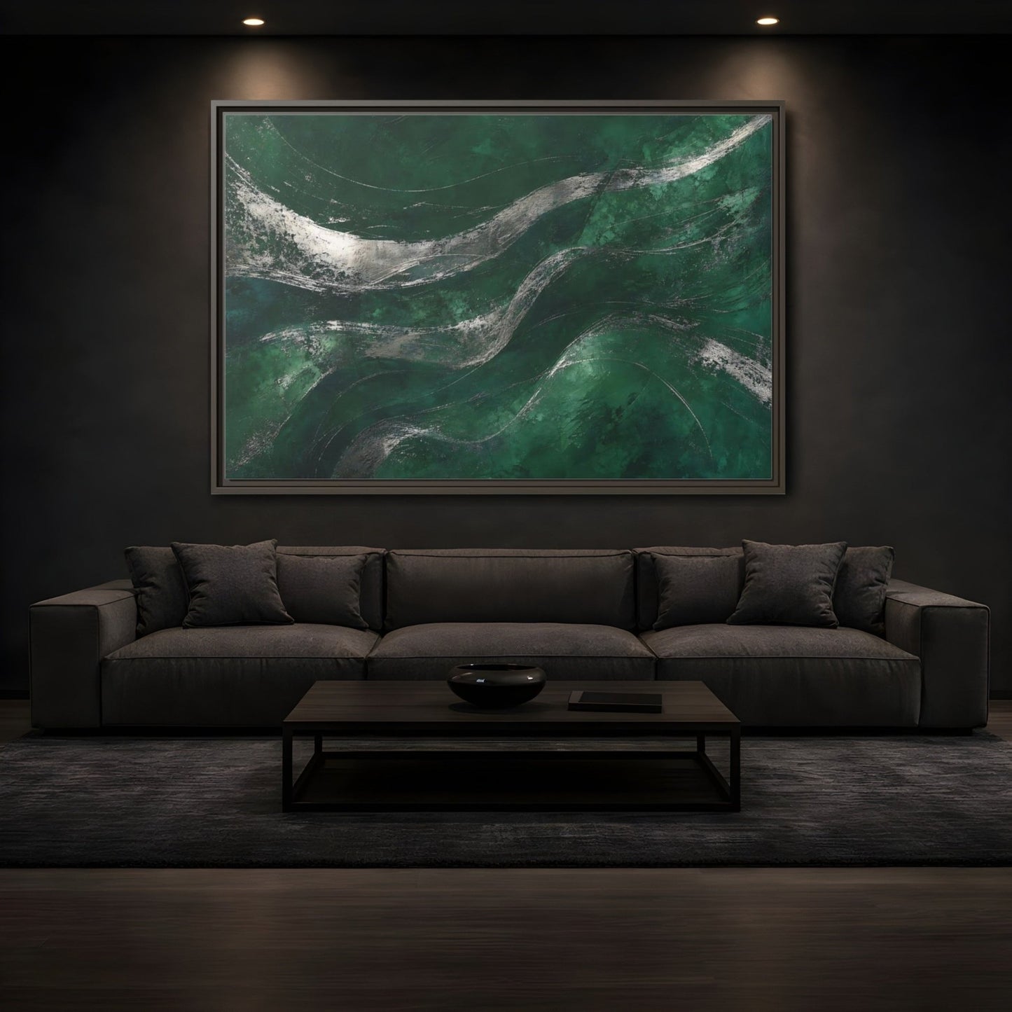 Abstract Wavy Texture Green And Silver Framed Canvas Print – Decor for Living Room, Above Console Table - YesArtYes