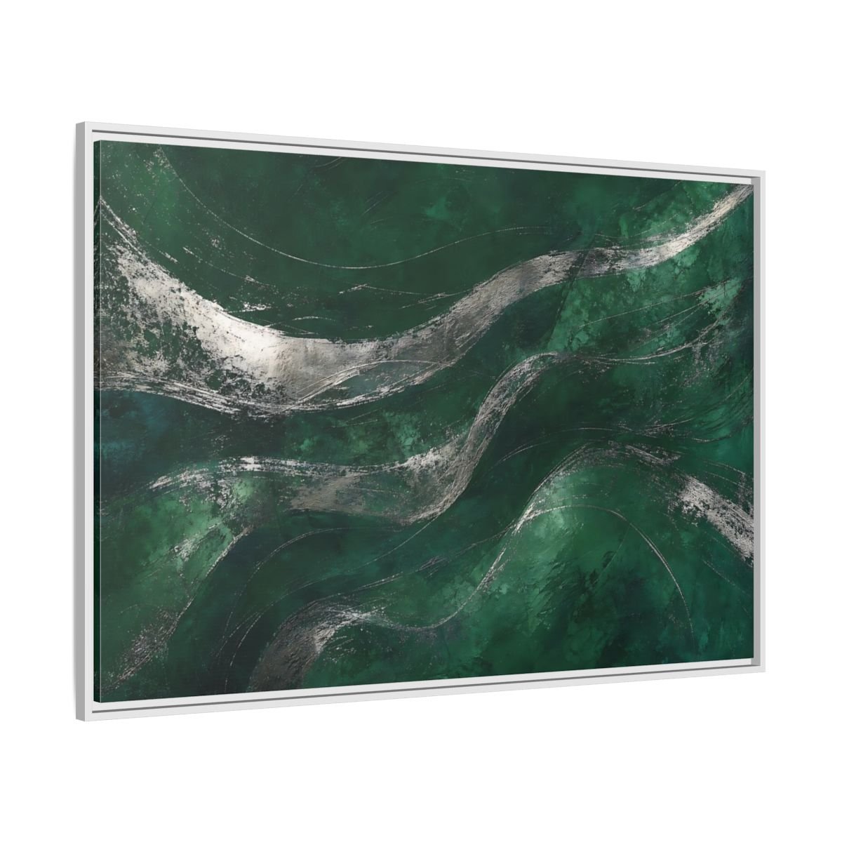 Abstract Wavy Texture Green And Silver Framed Canvas Print – Decor for Living Room, Above Console Table - YesArtYes