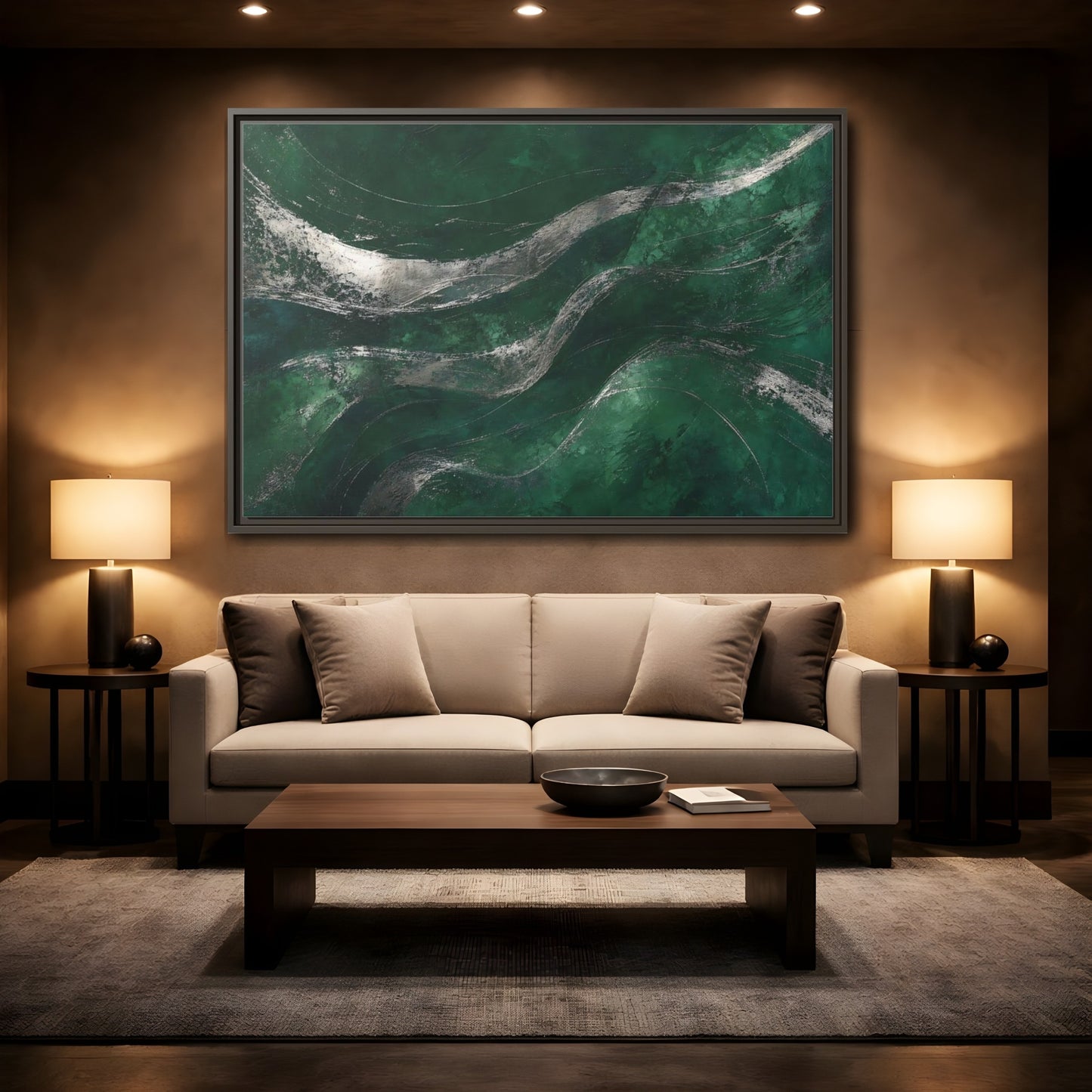 Mockup 2. Abstract Wavy Texture Green And Silver shown as framed canvas print