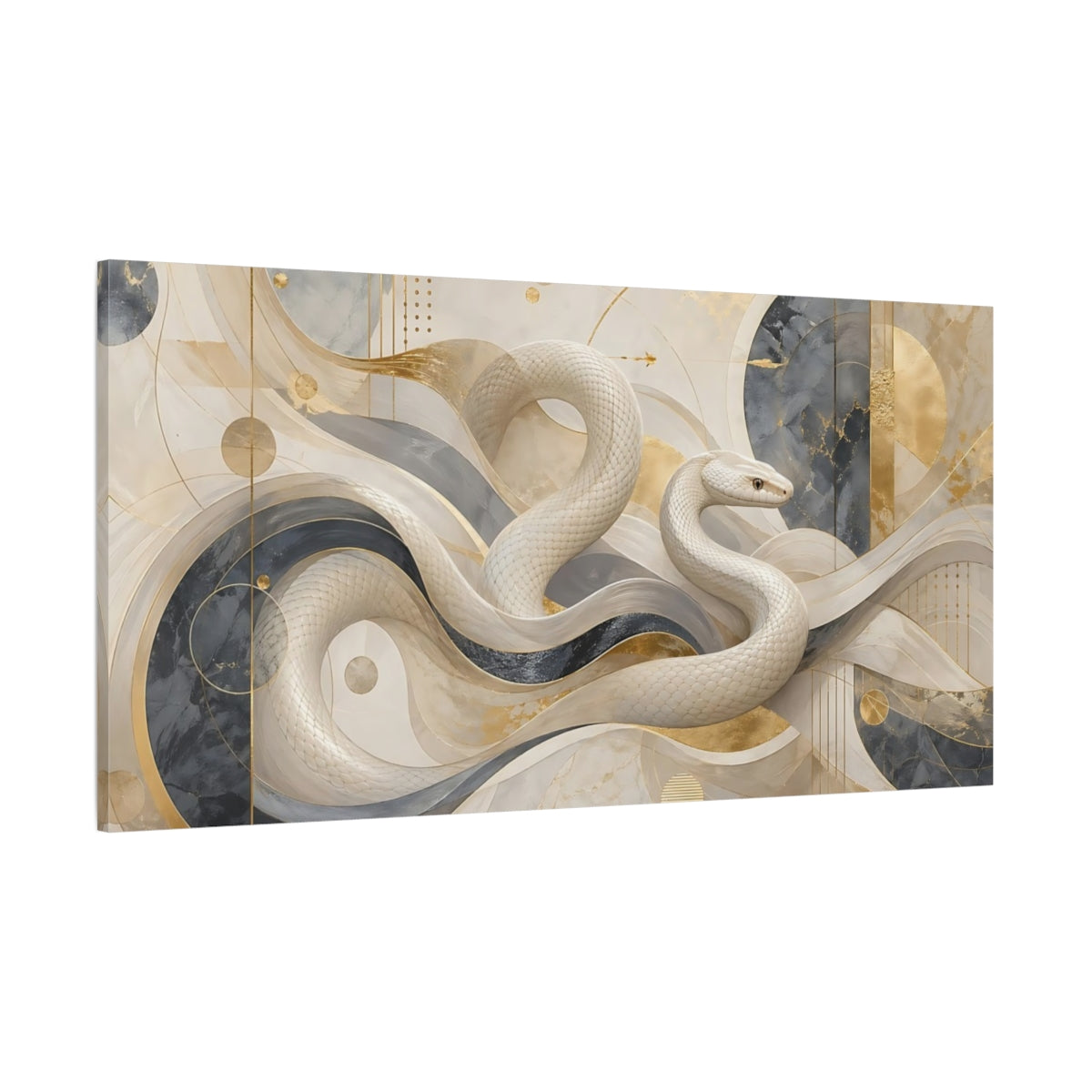 Side Mockup 2. Abstract White Snake White And Gold shown as stretched canvas wall art