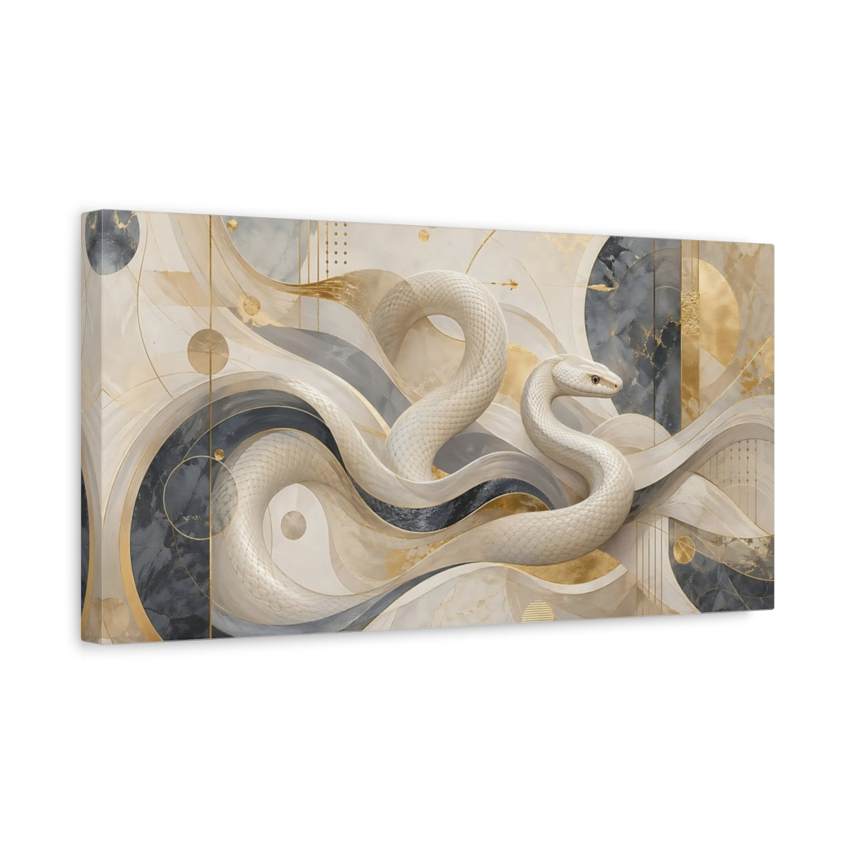 Side Mockup 3. Abstract White Snake White And Gold shown as stretched canvas wall art
