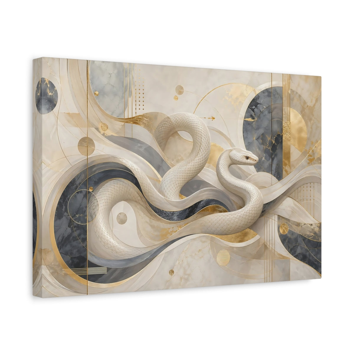 Side Mockup 4. Abstract White Snake White And Gold shown as stretched canvas wall art