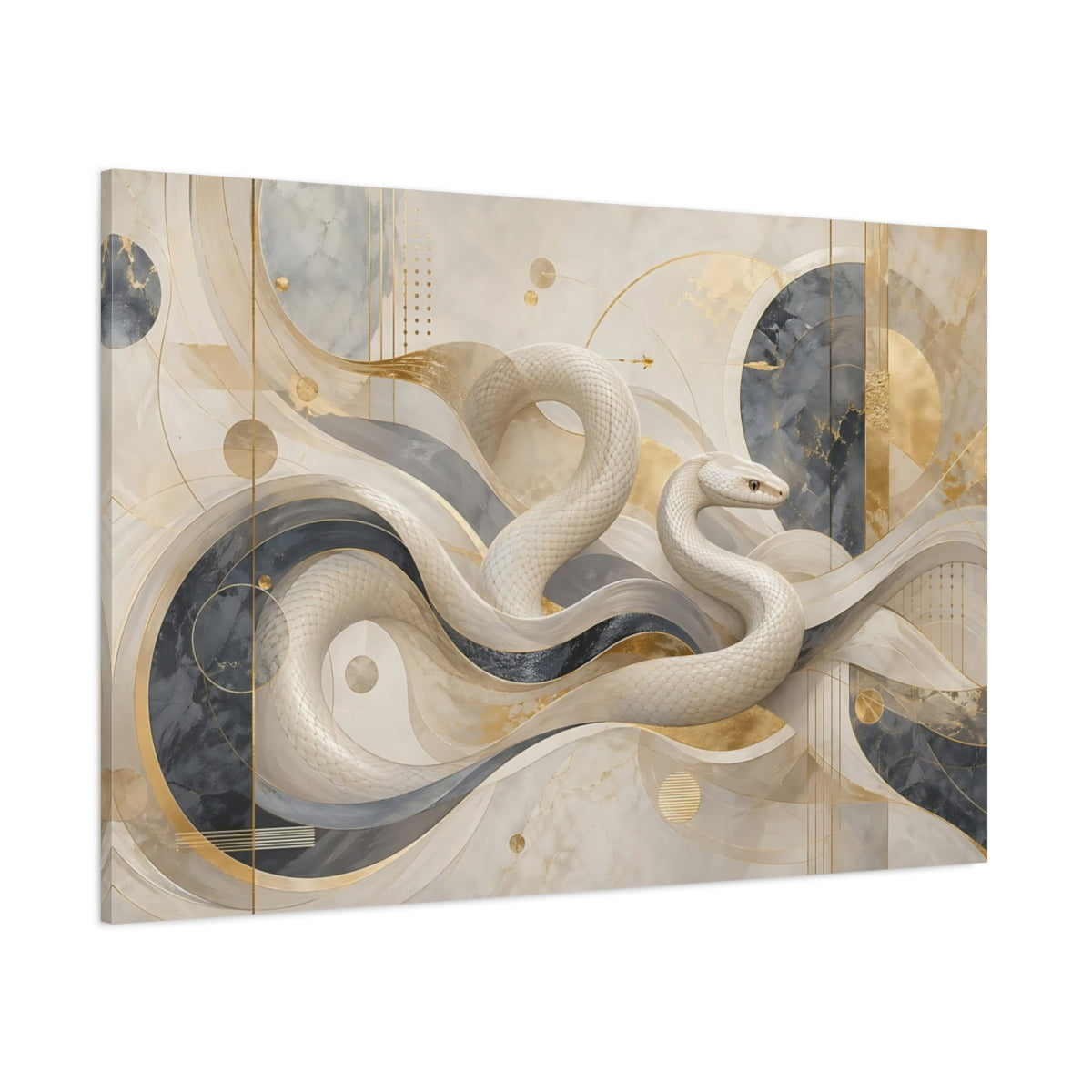Side Mockup 1. Abstract White Snake White And Gold shown as stretched canvas wall art