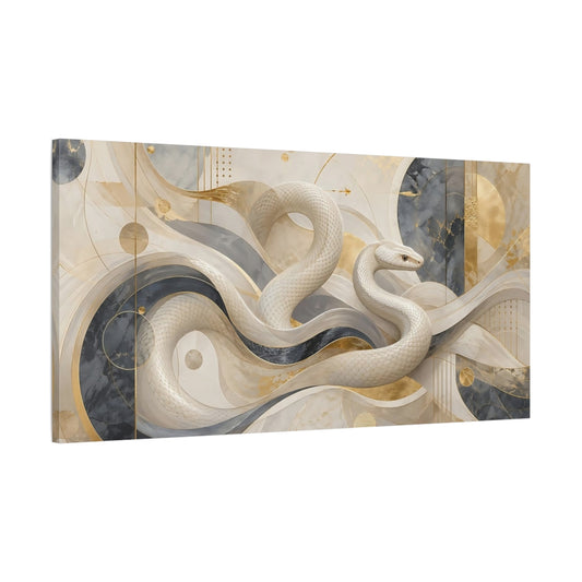 Main Mockup. Abstract White Snake White And Gold shown as stretched canvas wall art