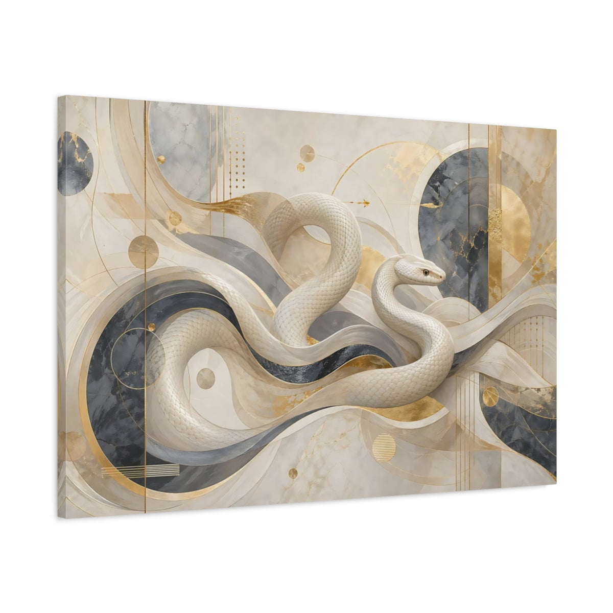 Main Mockup. Abstract White Snake White And Gold shown as stretched canvas wall art