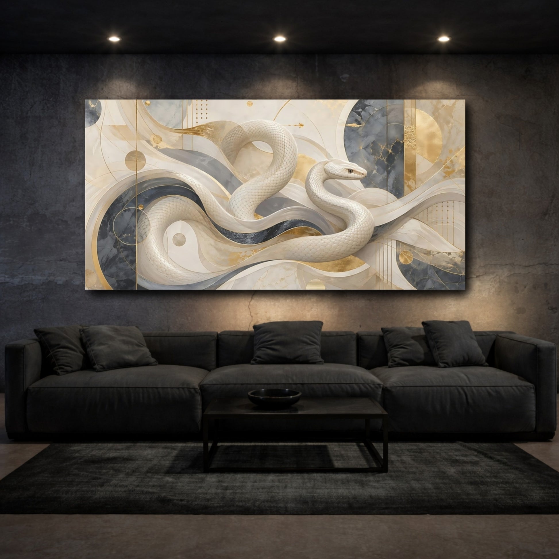Mockup 2. Abstract White Snake White And Gold shown as stretched canvas wall art