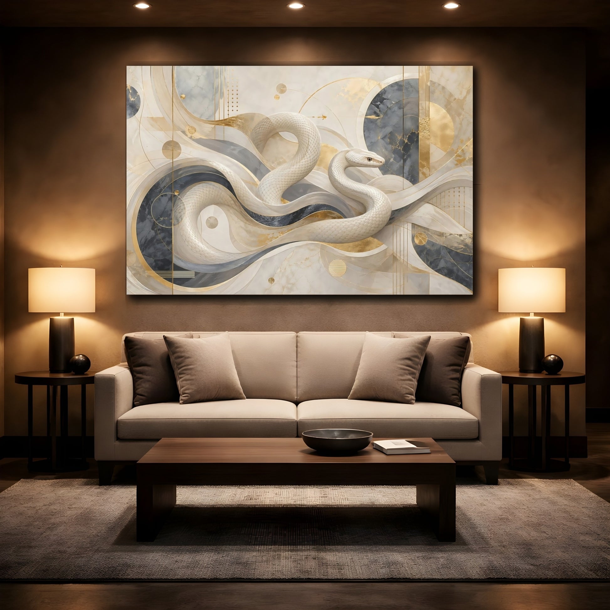 Mockup 2. Abstract White Snake White And Gold shown as stretched canvas wall art