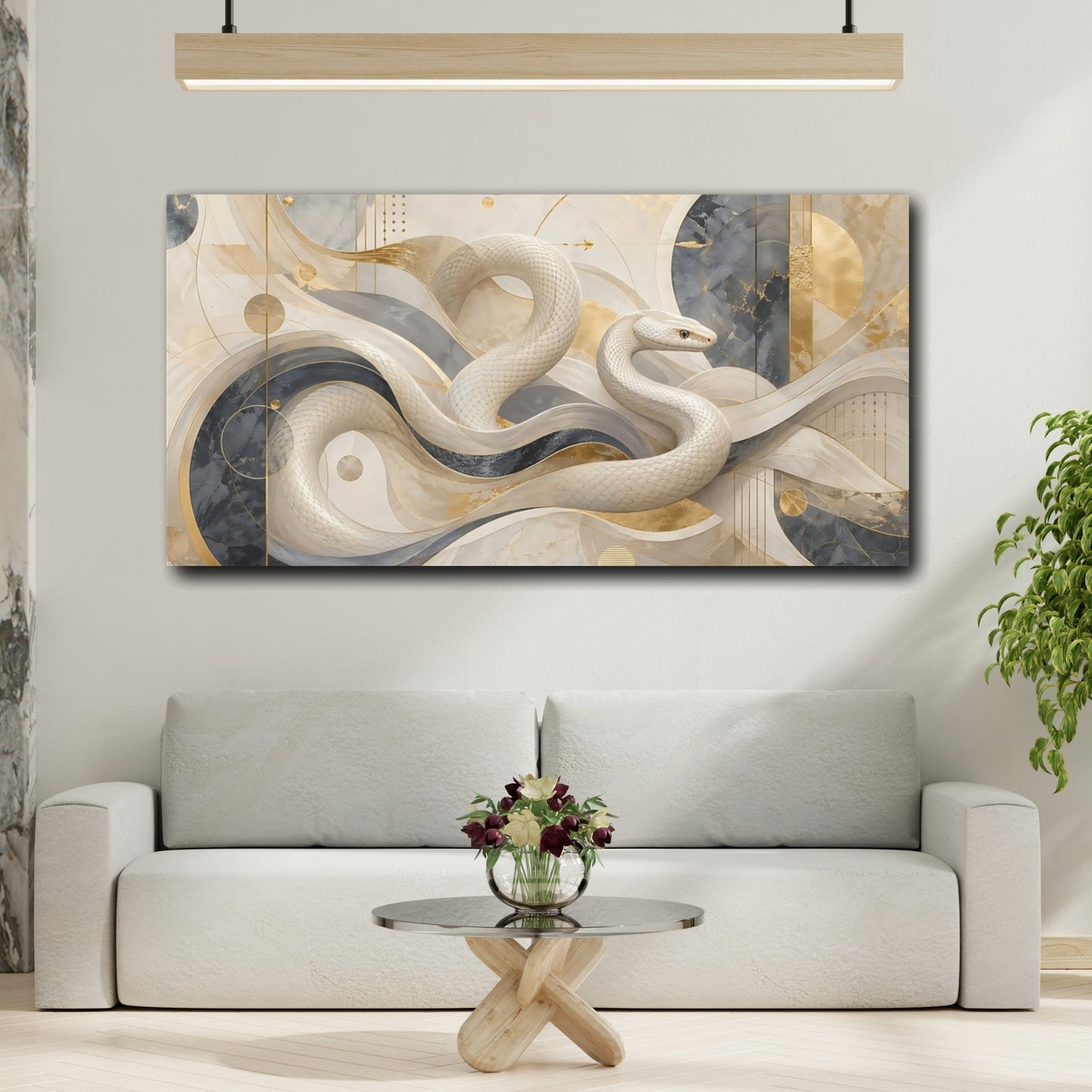 Mockup 3. Abstract White Snake White And Gold shown as stretched canvas wall art