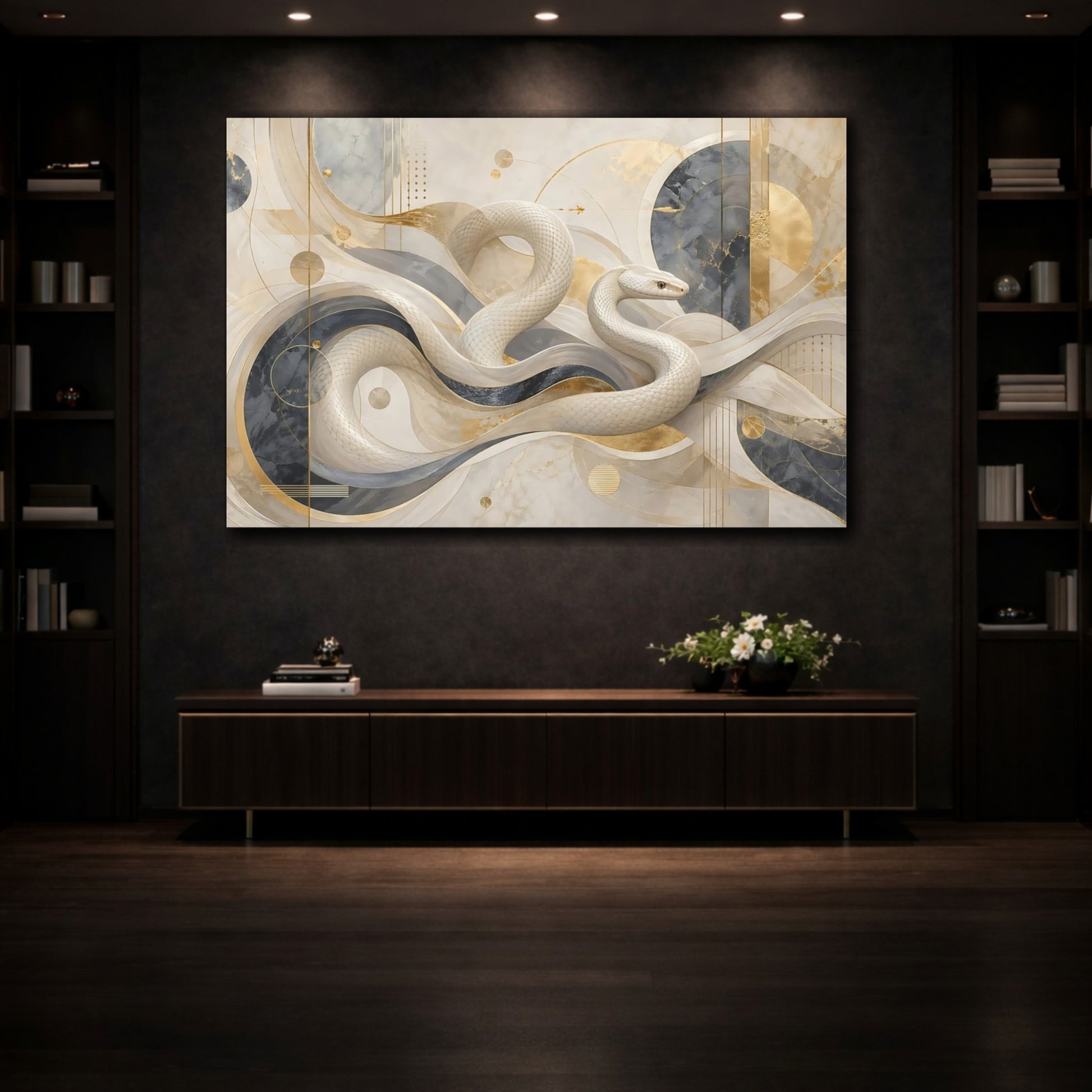 Mockup 3. Abstract White Snake White And Gold shown as stretched canvas wall art