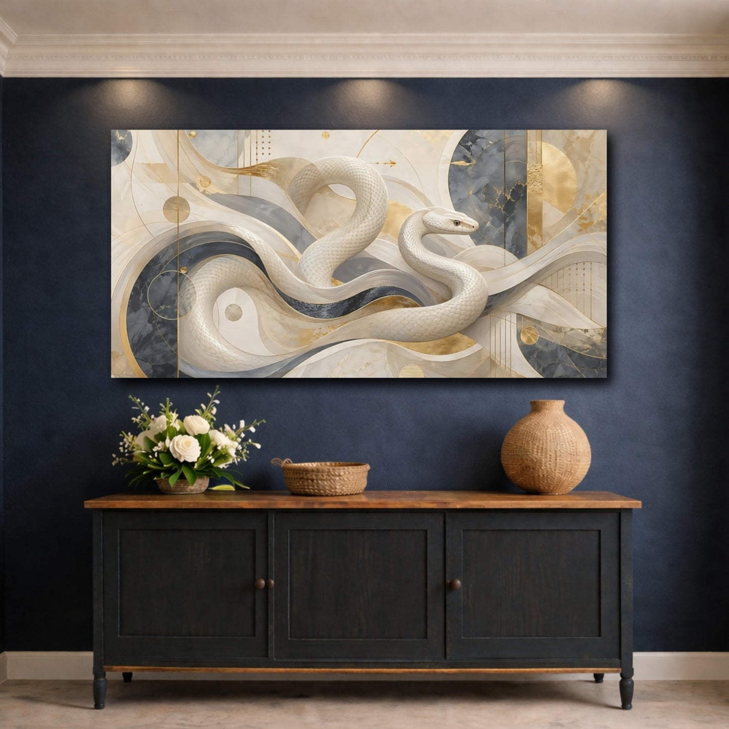 Mockup 4. Abstract White Snake White And Gold shown as stretched canvas wall art