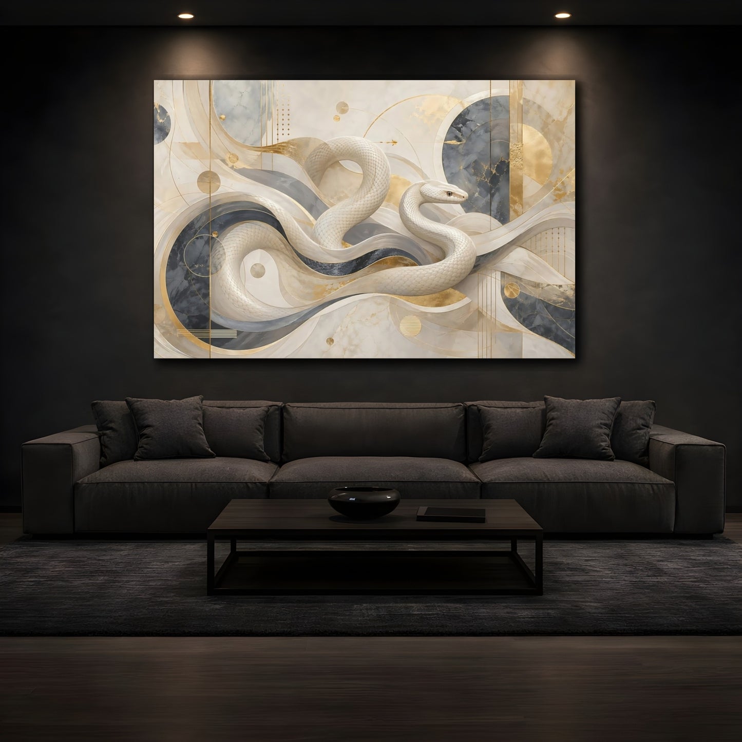 Mockup 4. Abstract White Snake White And Gold shown as stretched canvas wall art