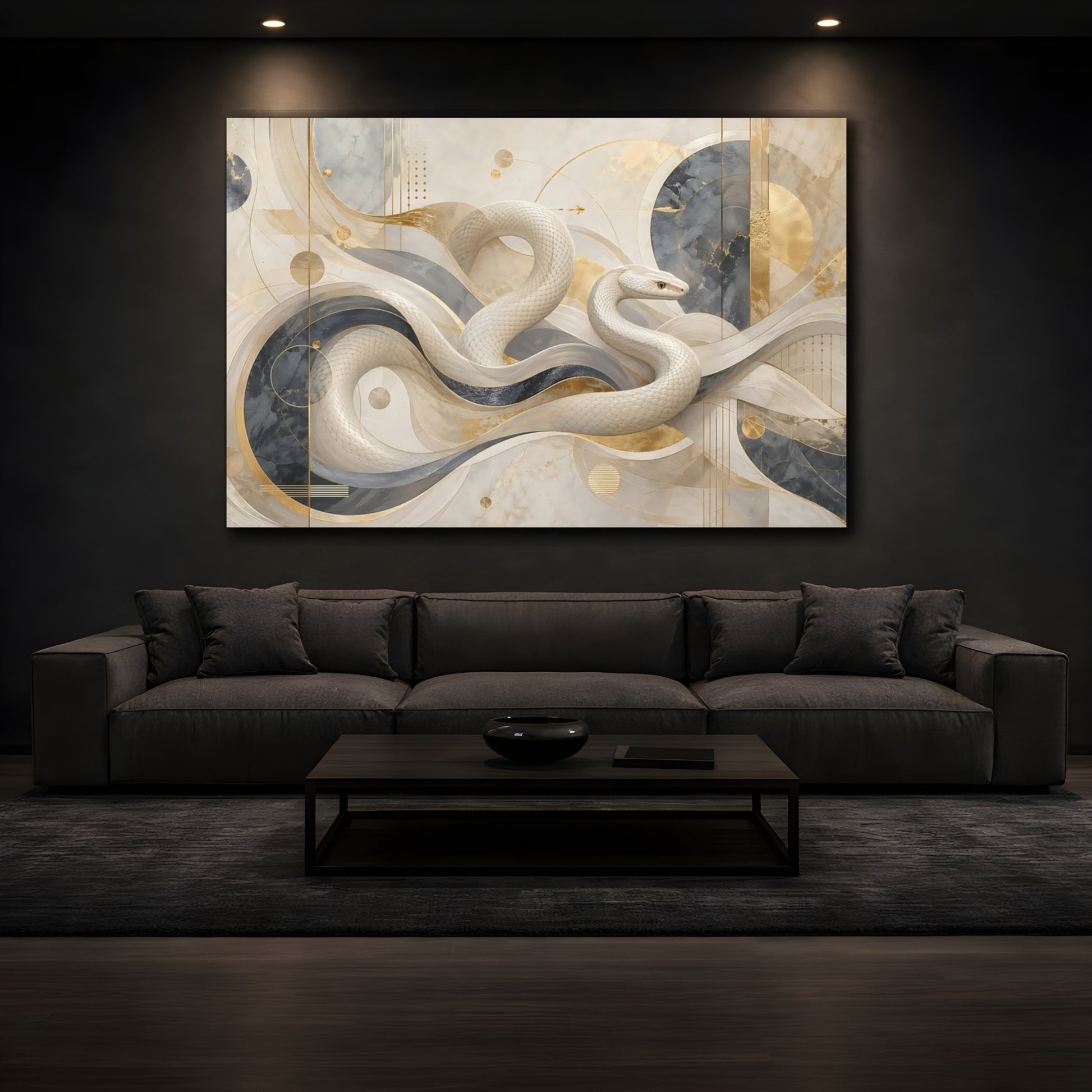 Mockup 4. Abstract White Snake White And Gold shown as stretched canvas wall art