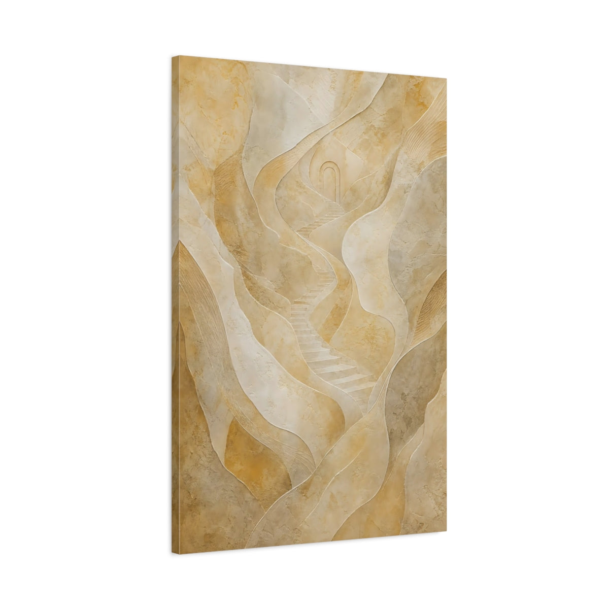 Main Mockup. Abstract Winding Stairs Beige Abstract shown as stretched canvas wall art