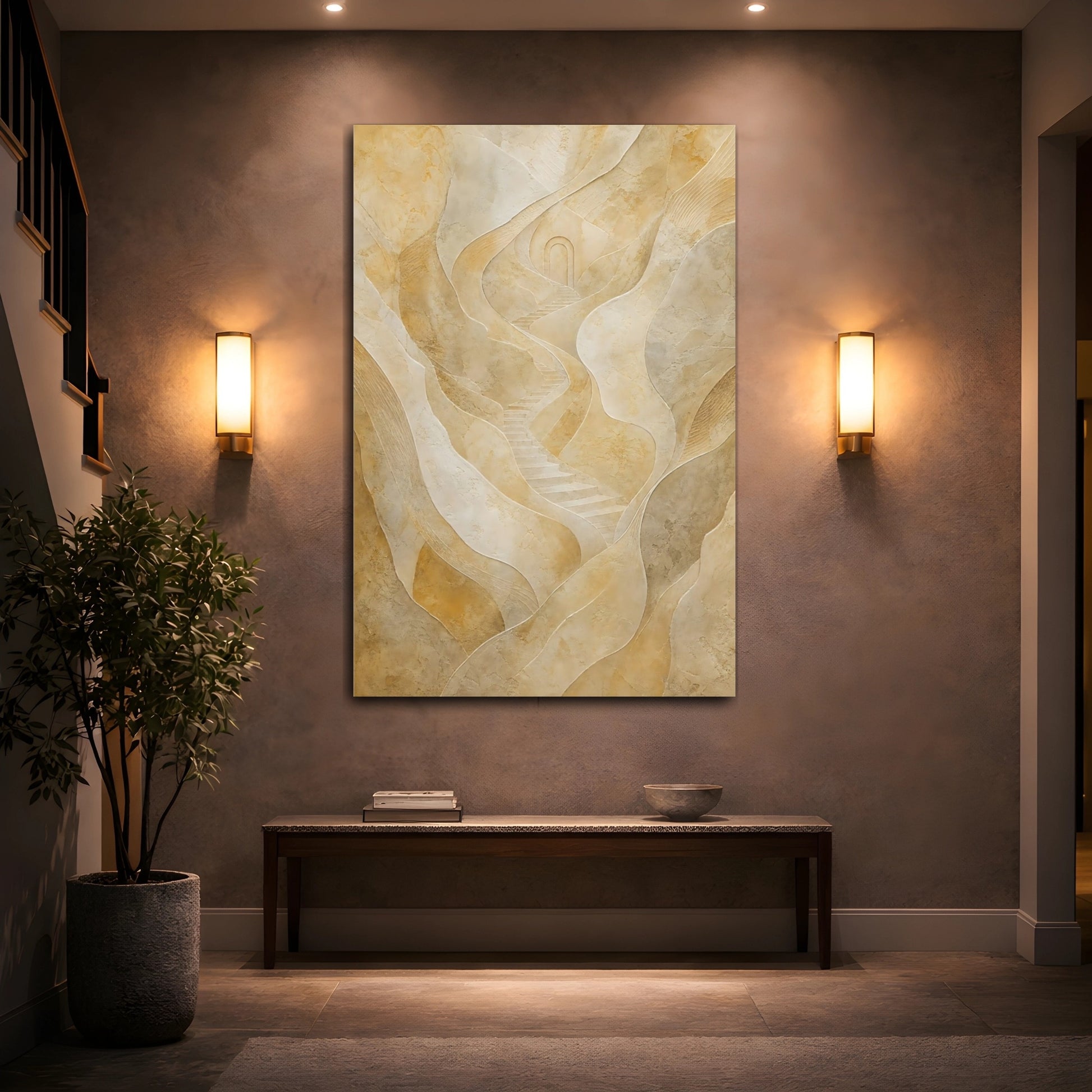 Mockup 2. Abstract Winding Stairs Beige Abstract shown as stretched canvas wall art