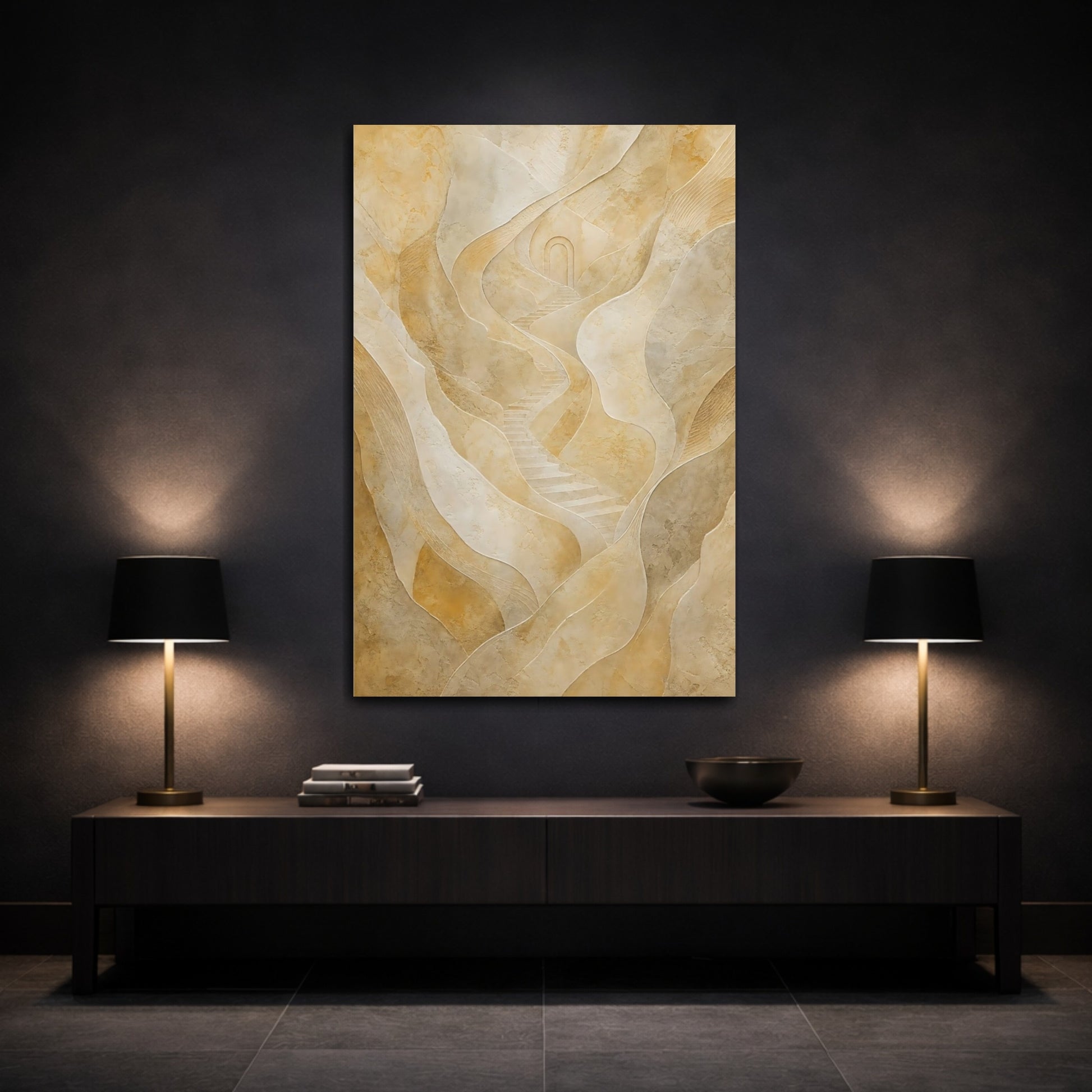 Mockup 3. Abstract Winding Stairs Beige Abstract shown as stretched canvas wall art