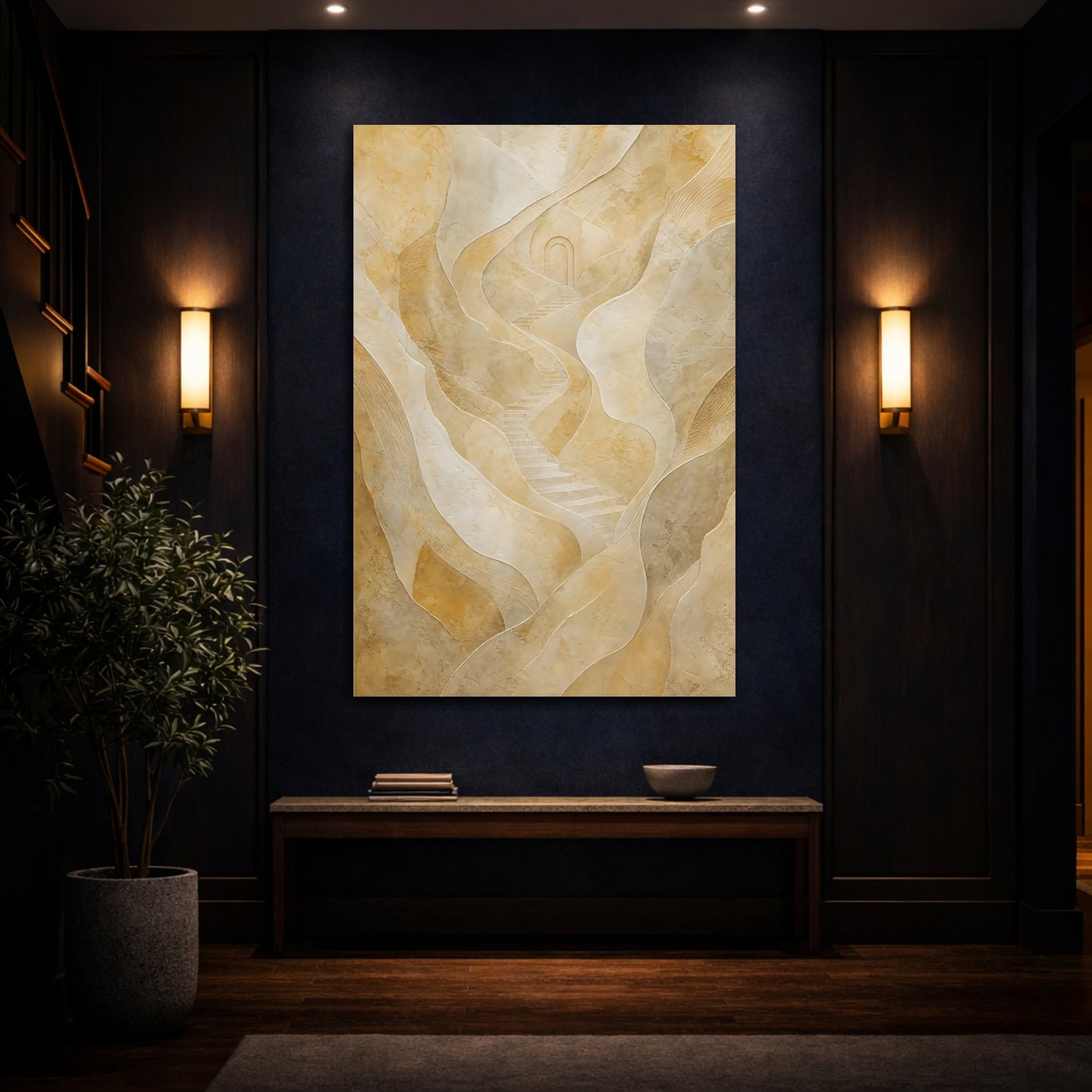 Mockup 4. Abstract Winding Stairs Beige Abstract shown as stretched canvas wall art