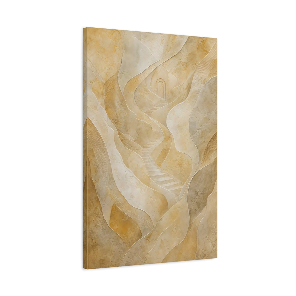 Side Mockup 2. Abstract Winding Stairs Beige Abstract shown as stretched canvas wall art