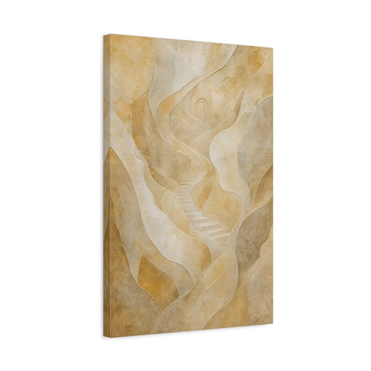 Side Mockup 3. Abstract Winding Stairs Beige Abstract shown as stretched canvas wall art