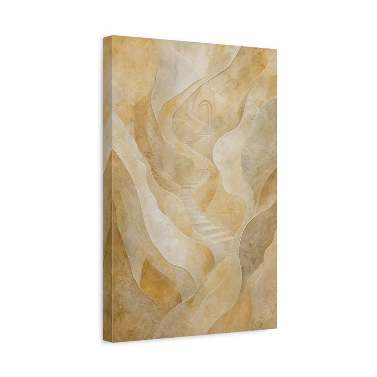 Side Mockup 4. Abstract Winding Stairs Beige Abstract shown as stretched canvas wall art