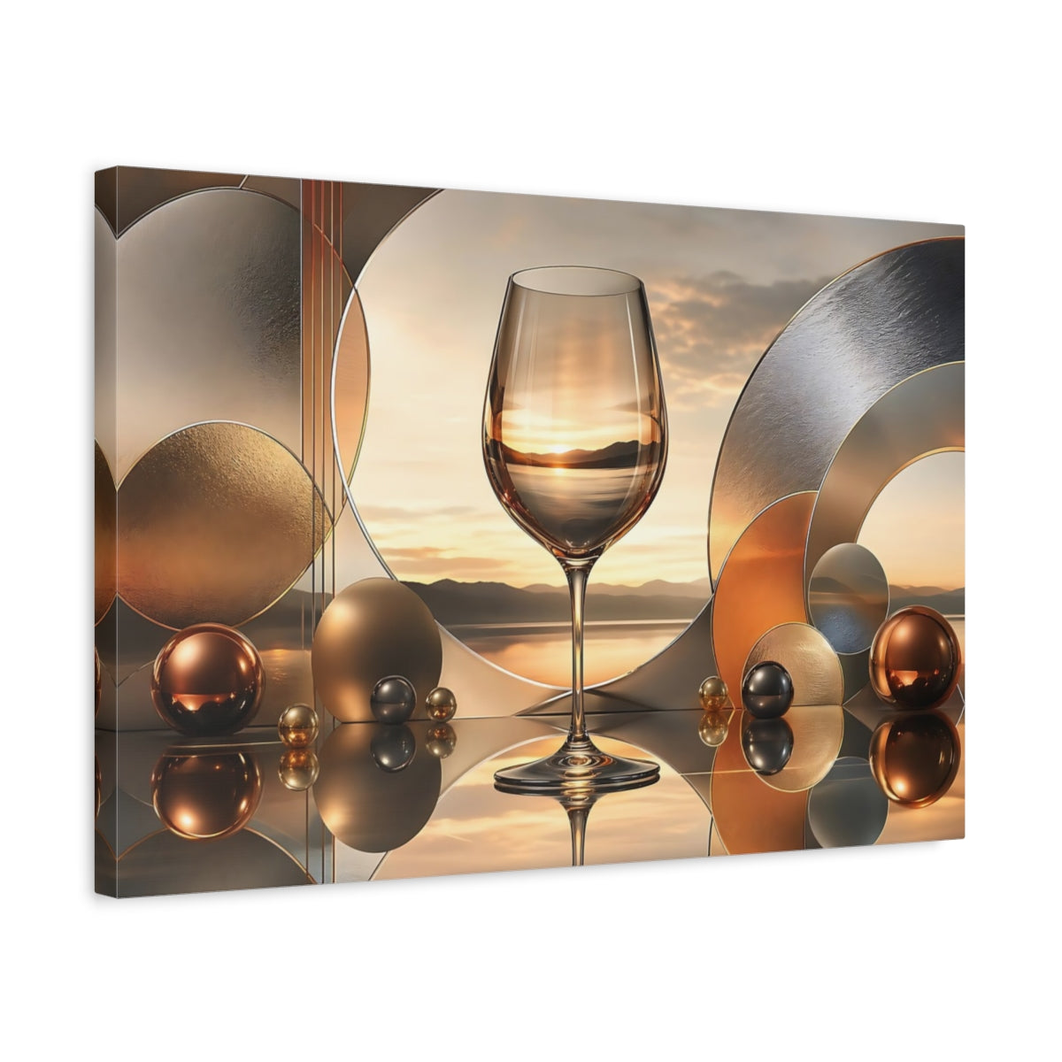 Side Mockup 3. Abstract Wine Glass Gold Reflections shown as stretched canvas wall art