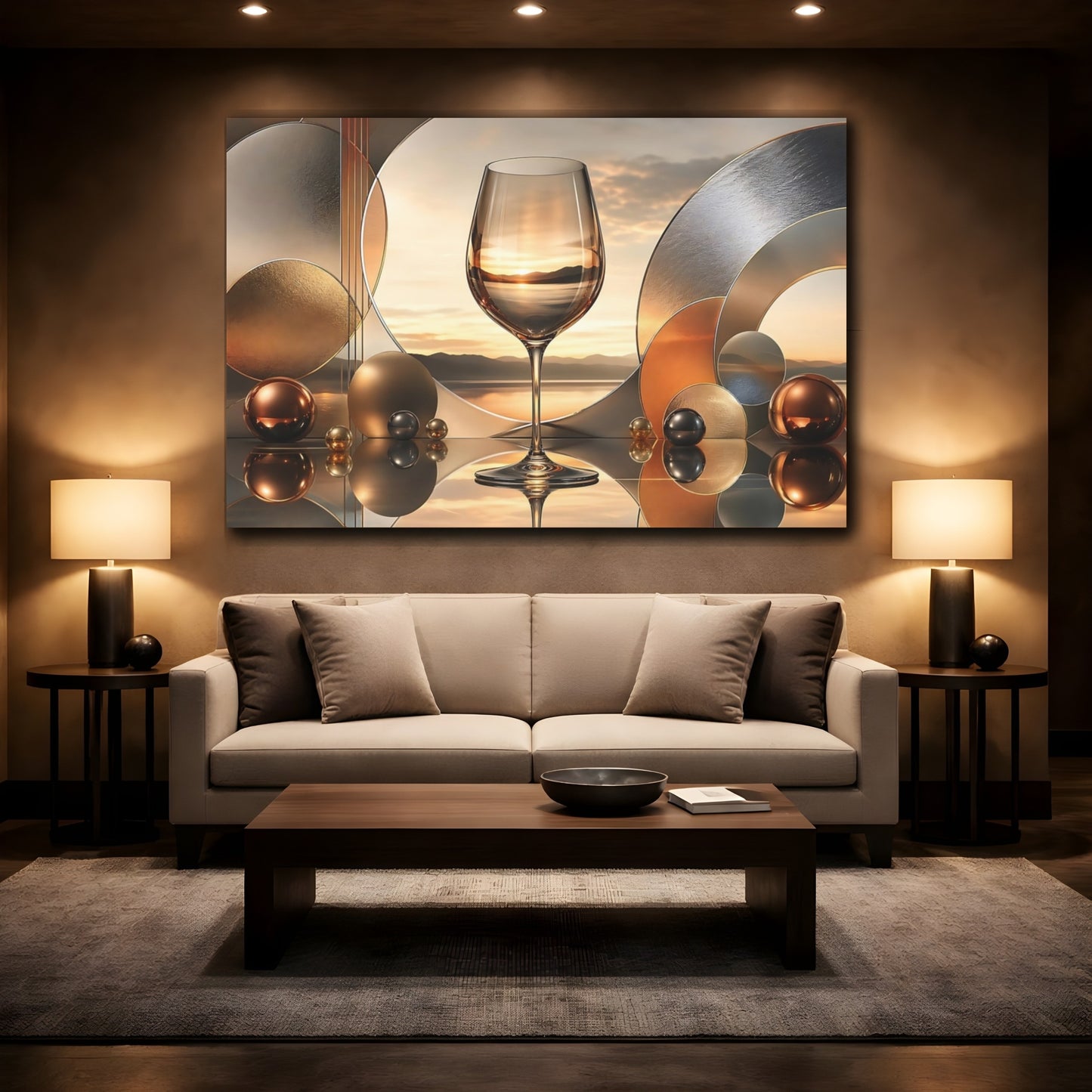 Mockup 2. Abstract Wine Glass Gold Reflections shown as stretched canvas wall art