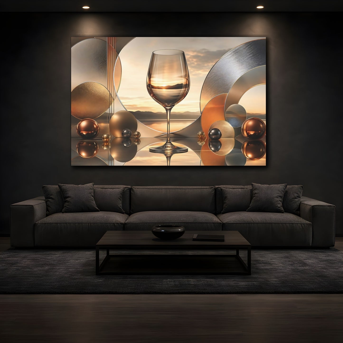 Mockup 3. Abstract Wine Glass Gold Reflections shown as stretched canvas wall art