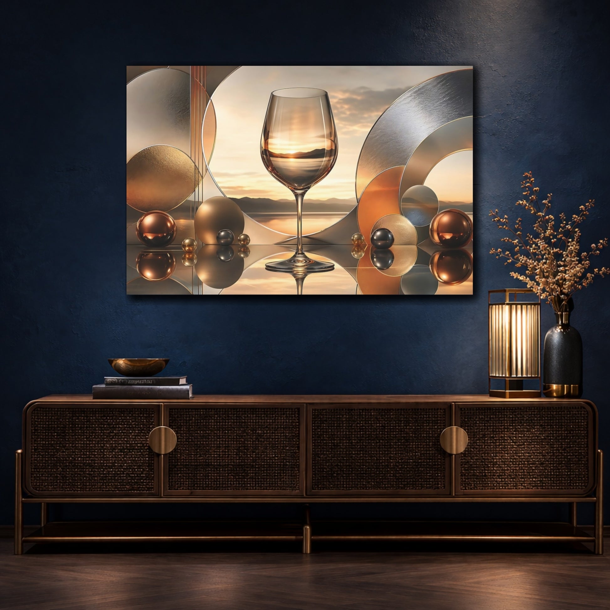 Mockup 4. Abstract Wine Glass Gold Reflections shown as stretched canvas wall art
