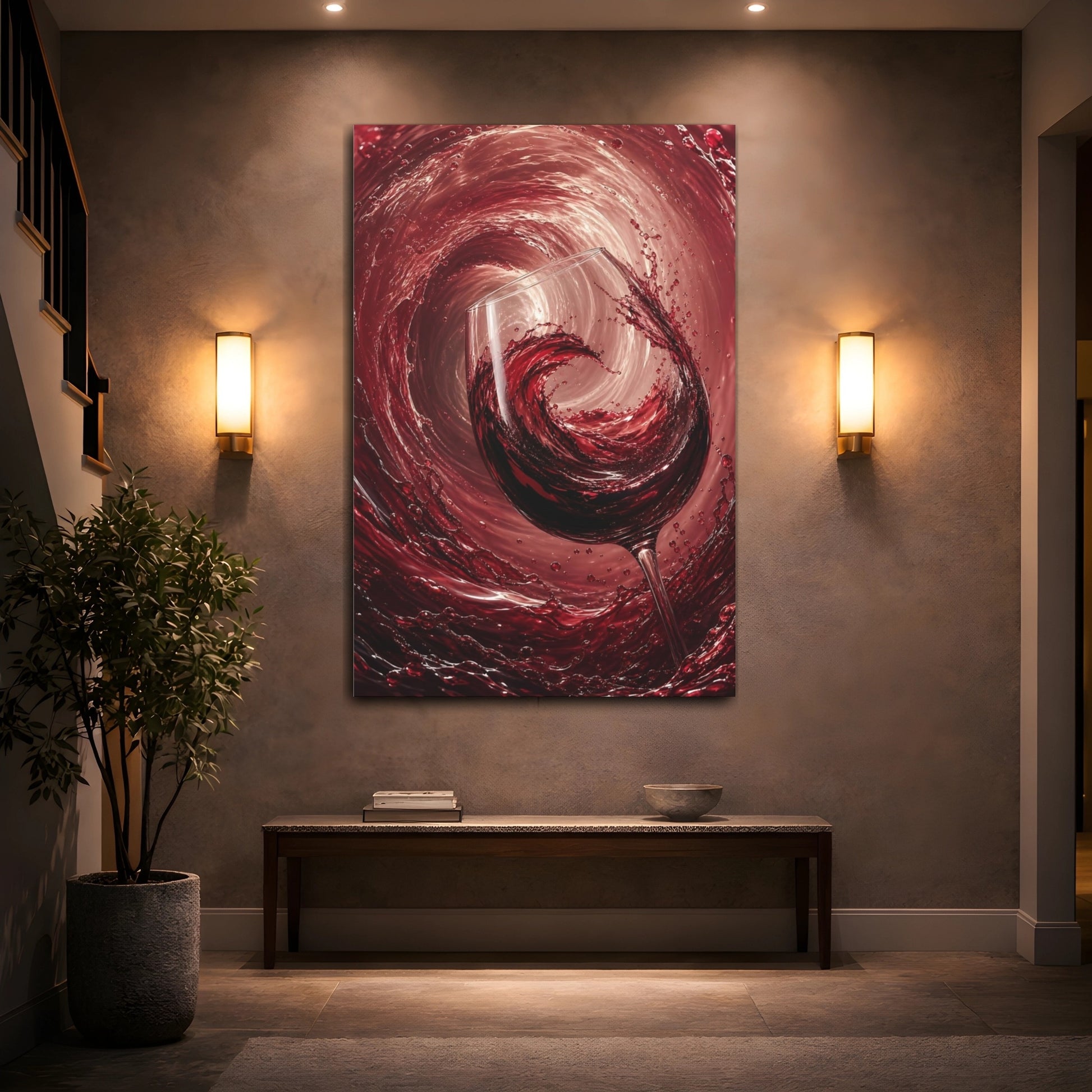 Mockup 2. Abstract Wine Glass Red Wine Splash shown as stretched canvas wall art