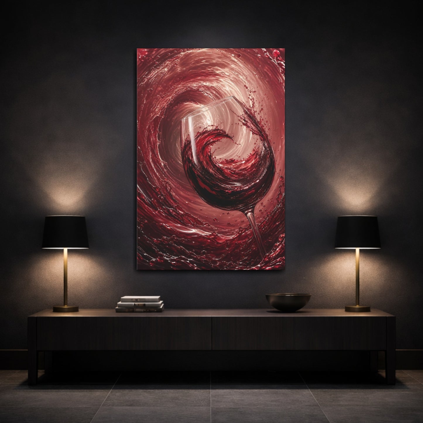 Mockup 3. Abstract Wine Glass Red Wine Splash shown as stretched canvas wall art