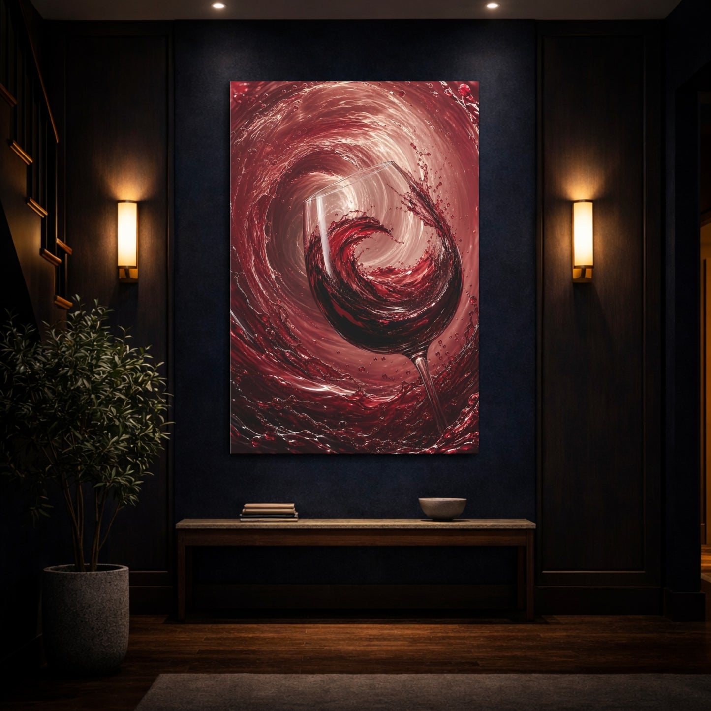 Mockup 4. Abstract Wine Glass Red Wine Splash shown as stretched canvas wall art