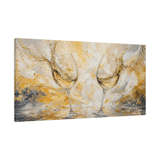 Main Mockup. Abstract Wine Glasses Gold And Gray shown as stretched canvas wall art