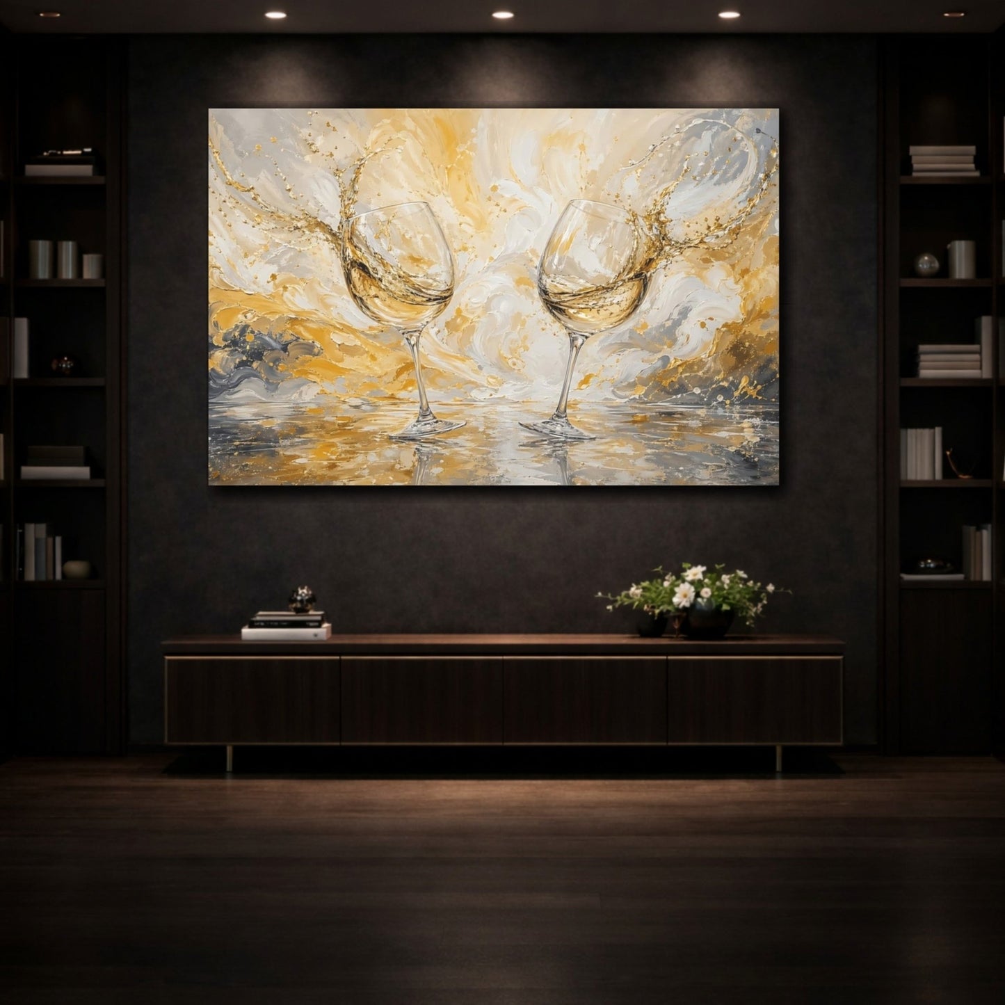 Abstract Wine Glasses Gold And Gray Canvas Print – Dining Room, Above Table, - YesArtYes