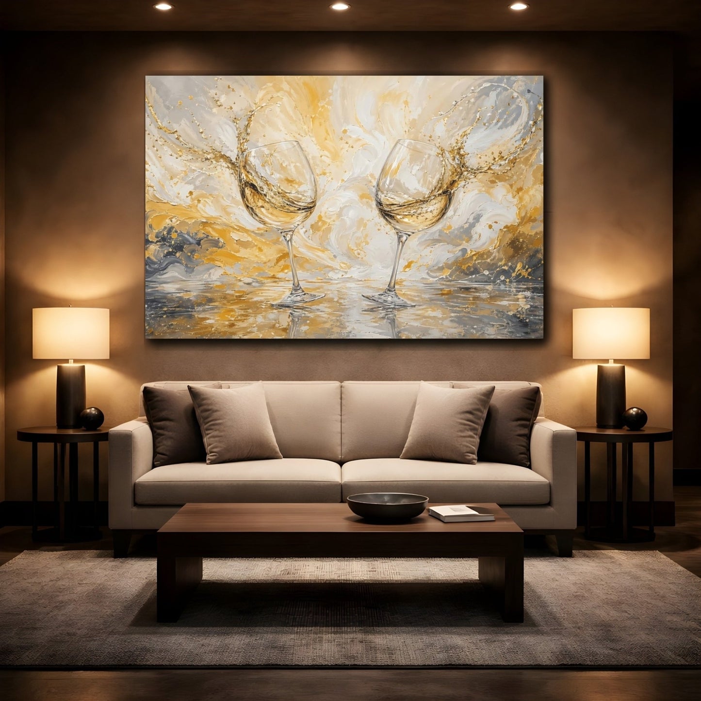 Abstract Wine Glasses Gold And Gray Canvas Print – Dining Room, Above Table, - YesArtYes