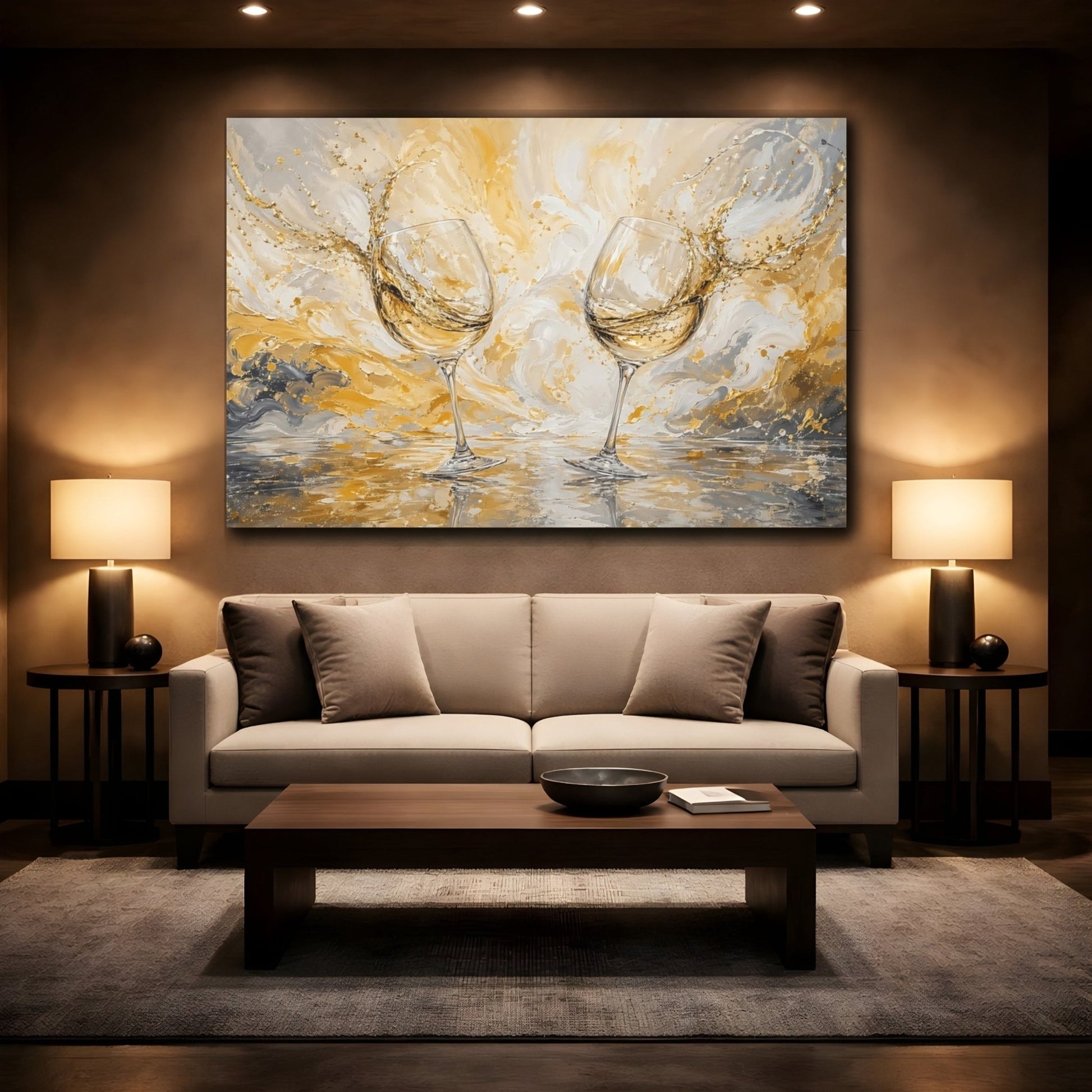 Abstract Wine Glasses Gold And Gray Canvas Print – Dining Room, Above Table, - YesArtYes
