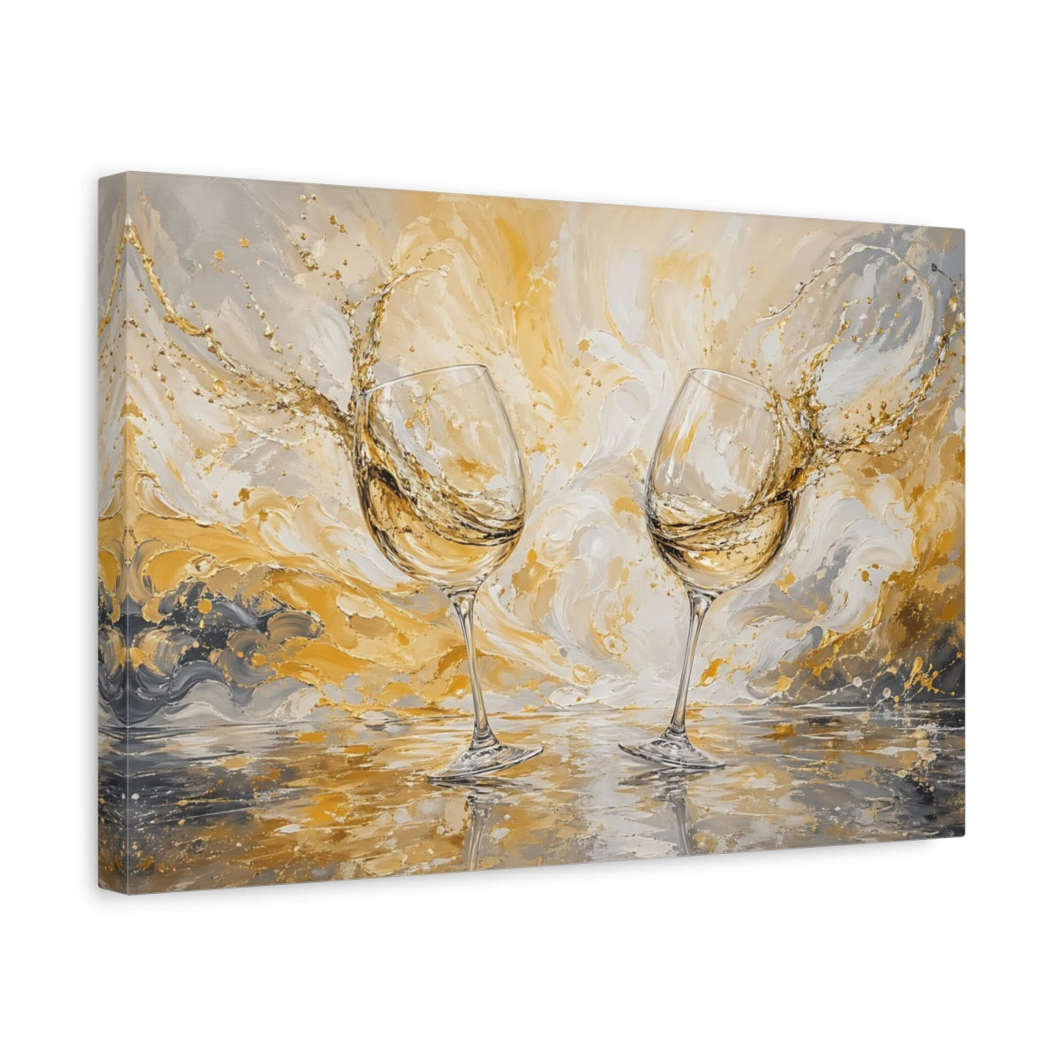 Side Mockup 4. Abstract Wine Glasses Gold And Gray Wine shown as stretched canvas wall art