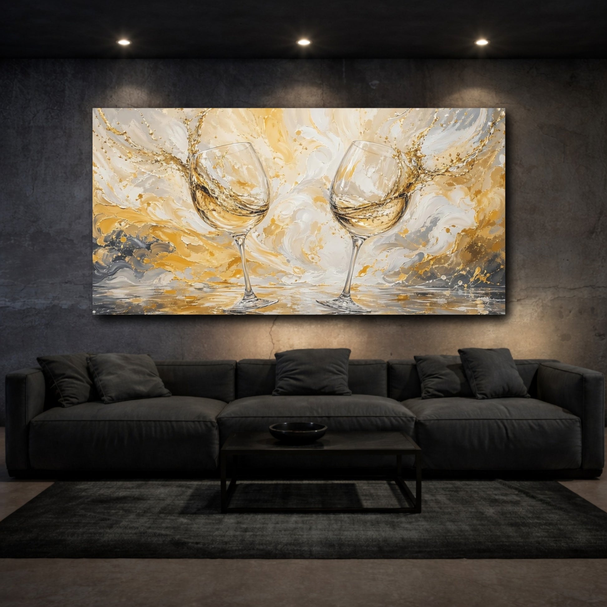 Mockup 2. Abstract Wine Glasses Gold And Gray shown as stretched canvas wall art