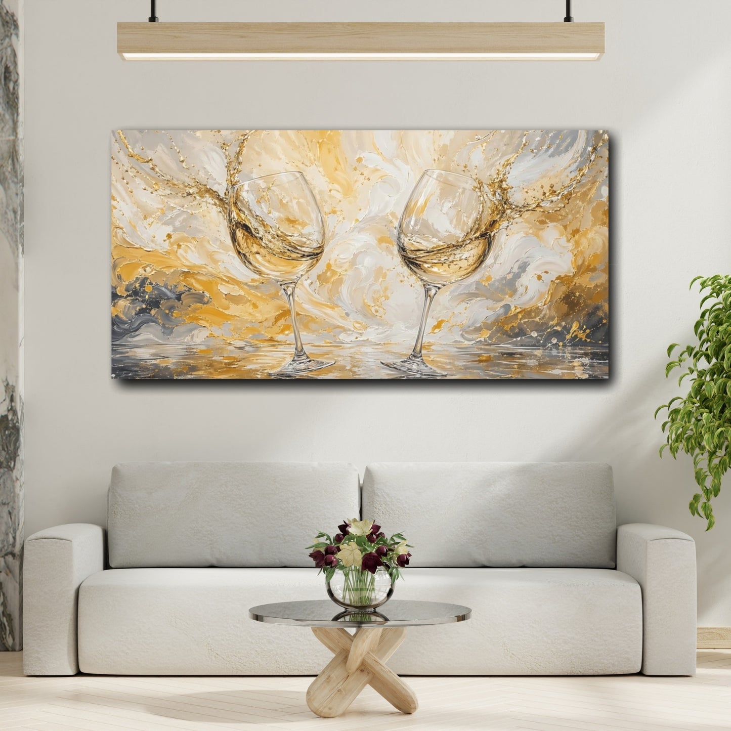 Mockup 3. Abstract Wine Glasses Gold And Gray shown as stretched canvas wall art