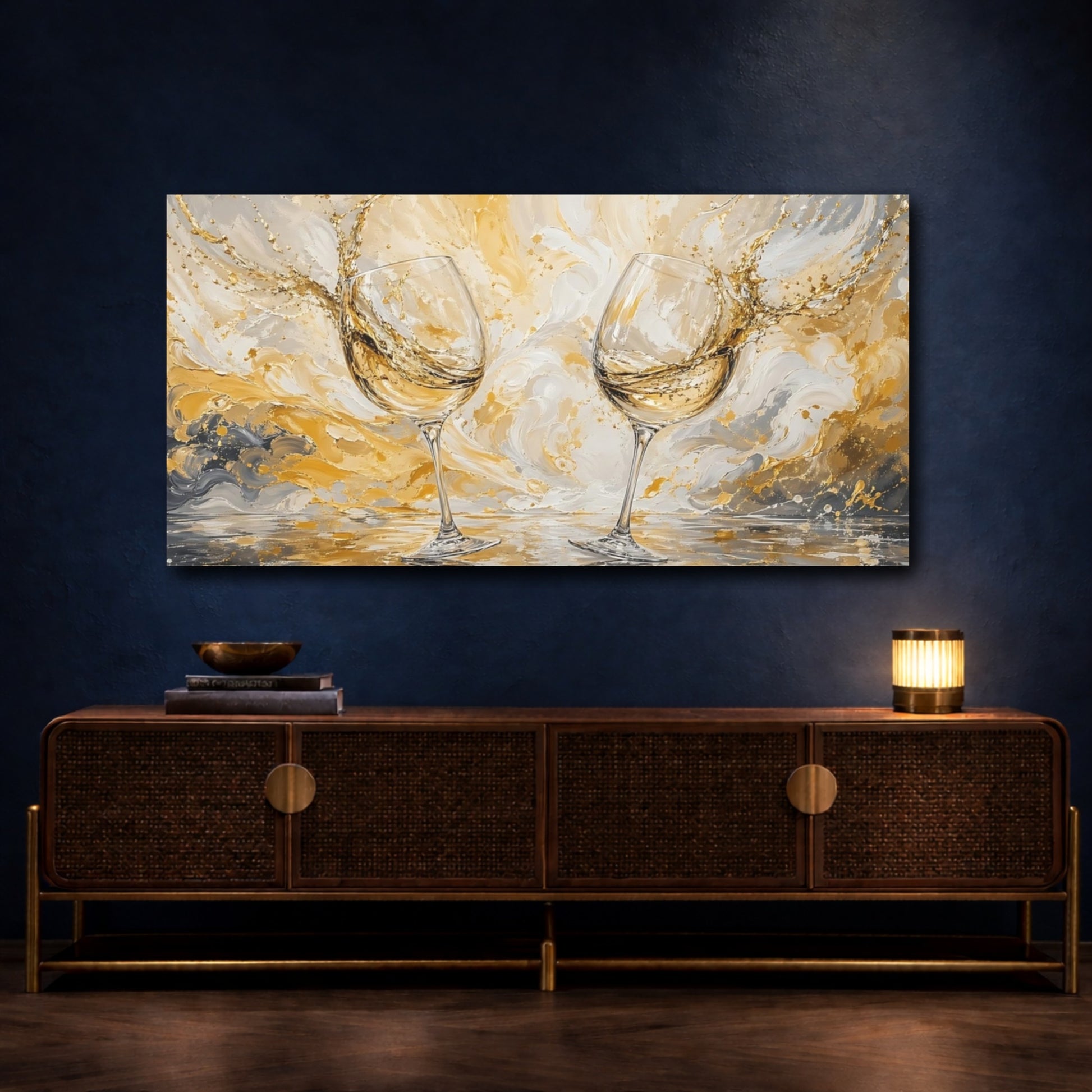 Mockup 4. Abstract Wine Glasses Gold And Gray shown as stretched canvas wall art