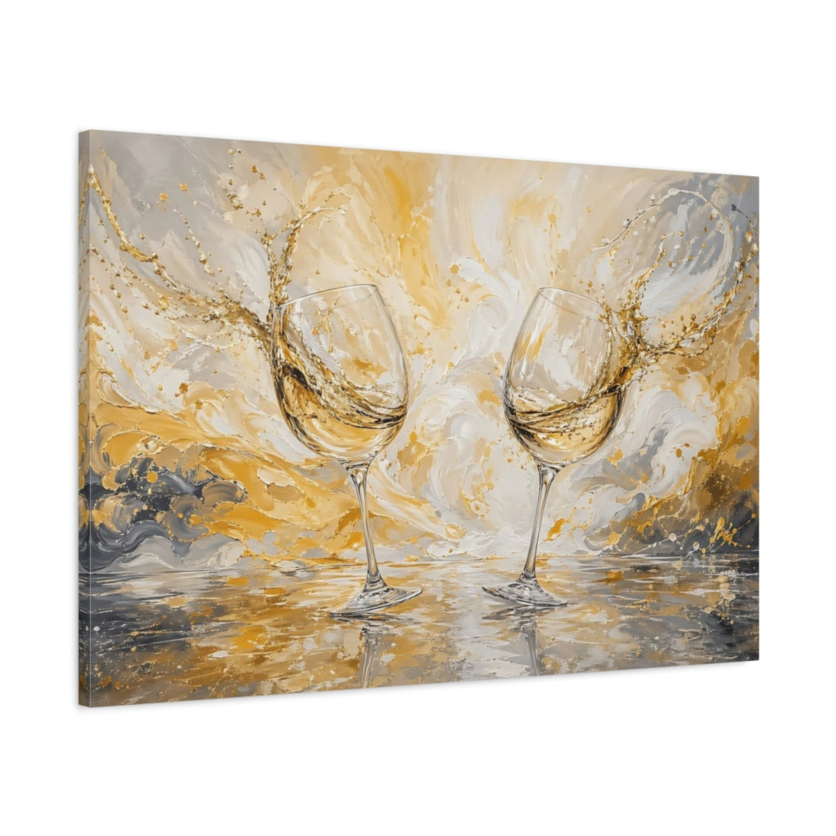 Main Mockup. Abstract Wine Glasses Gold And Gray Wine shown as stretched canvas wall art