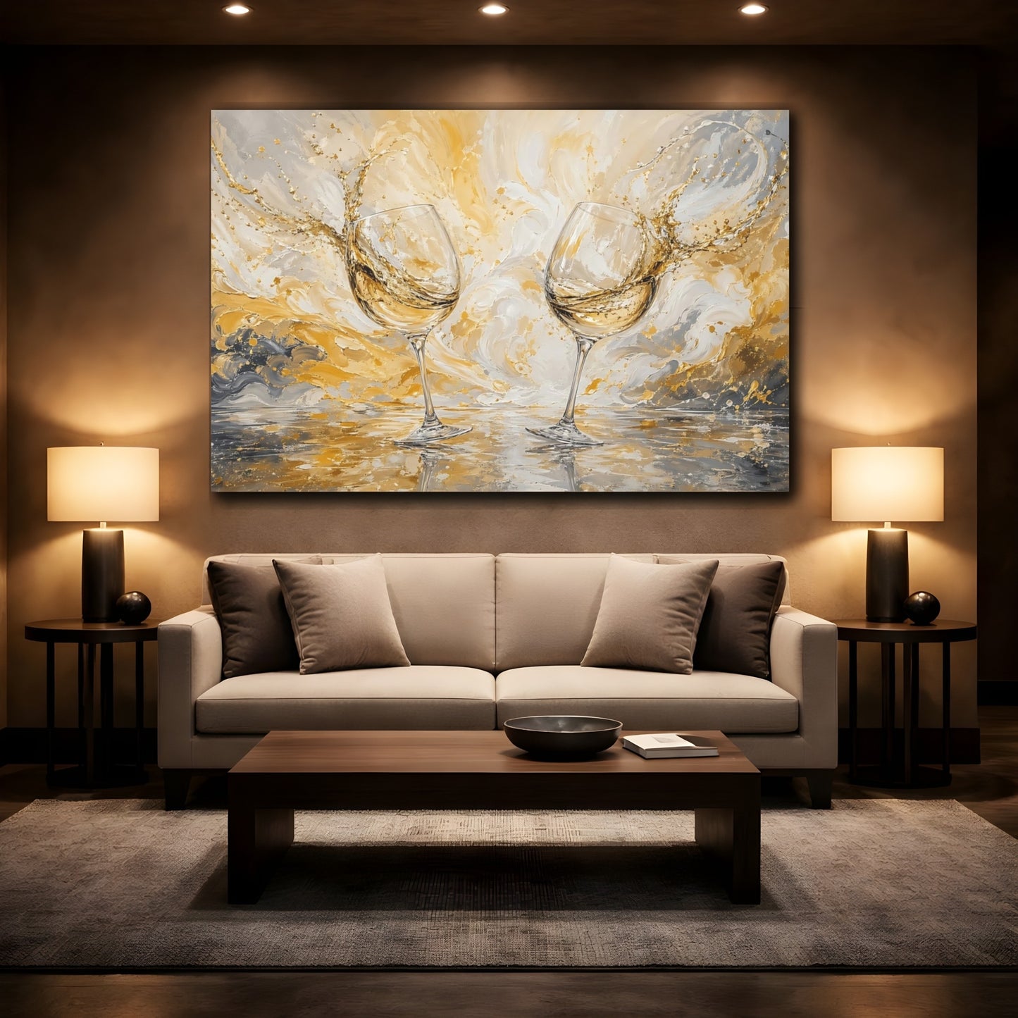 Mockup 2. Abstract Wine Glasses Gold And Gray Wine shown as stretched canvas wall art