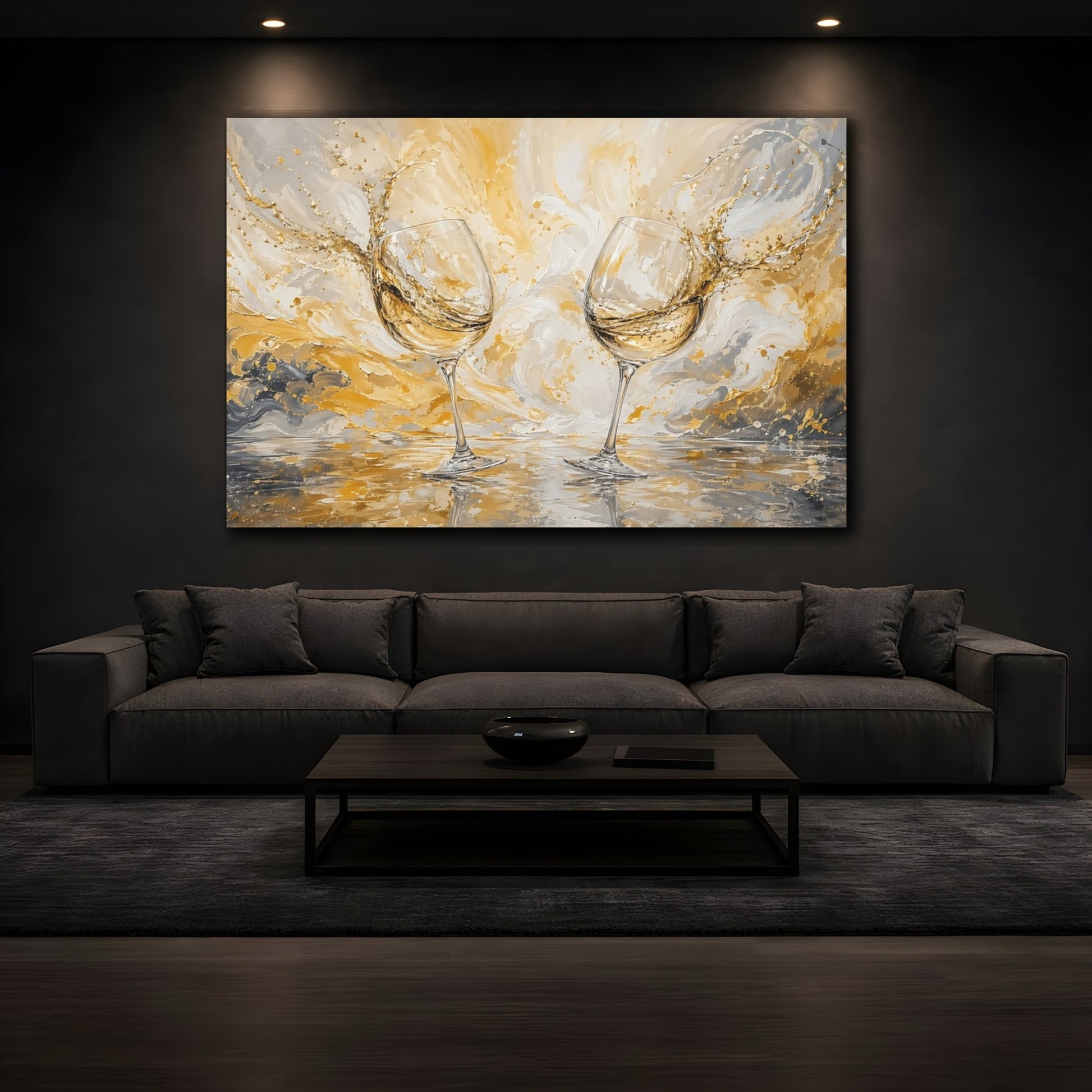Mockup 3. Abstract Wine Glasses Gold And Gray Wine shown as stretched canvas wall art