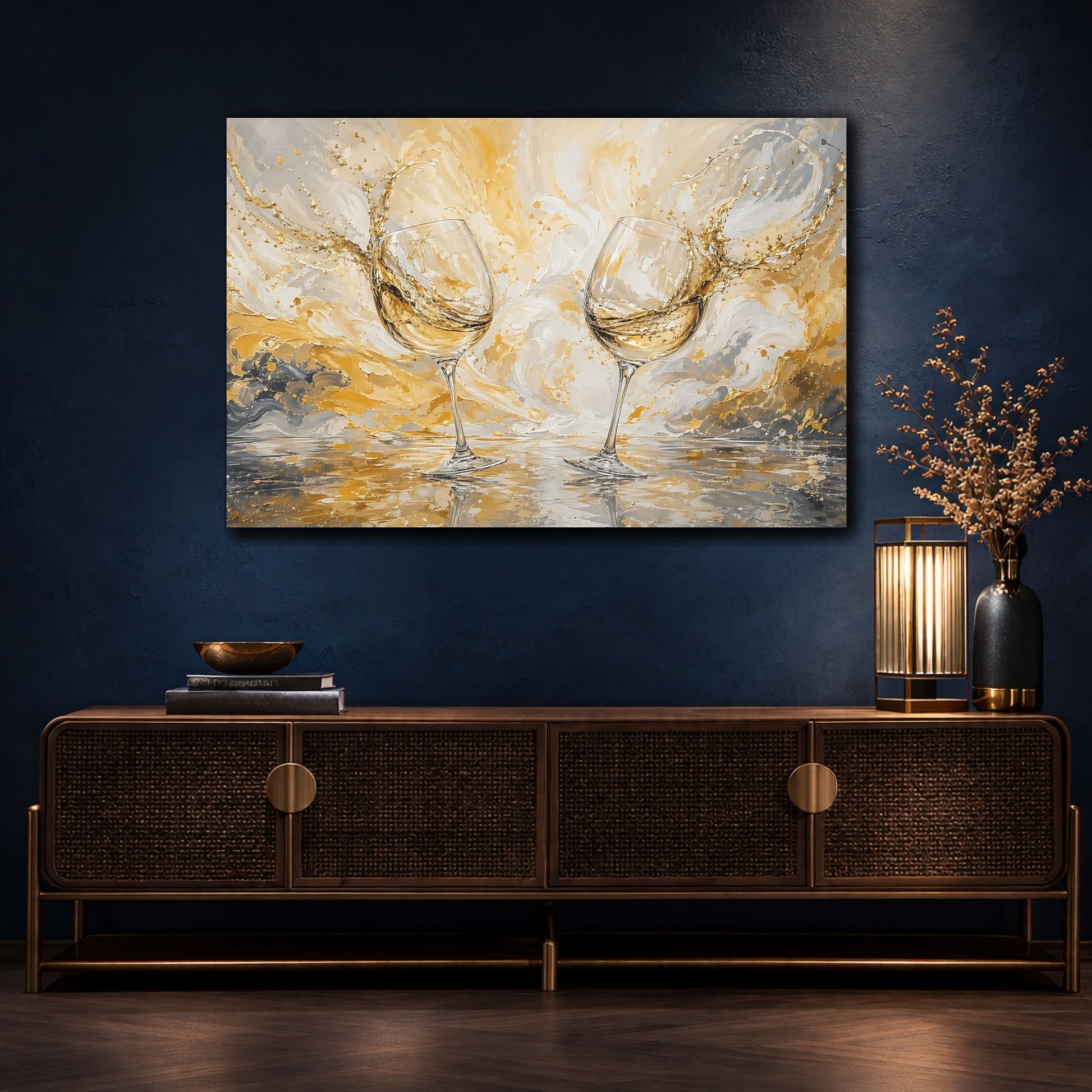 Mockup 4. Abstract Wine Glasses Gold And Gray Wine shown as stretched canvas wall art
