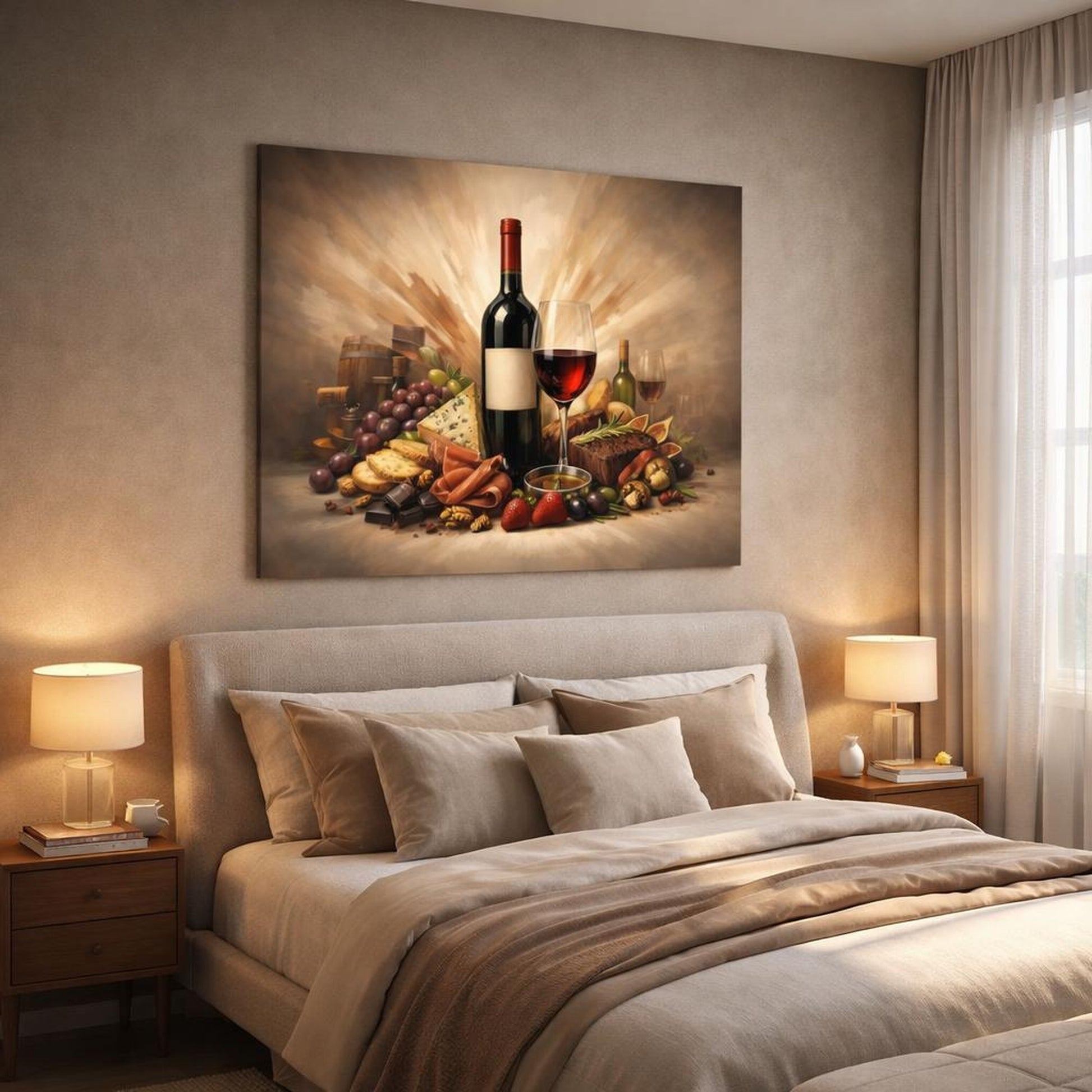 Abstract Wine Pairing shown as canvas wall art in a luxury bedroom