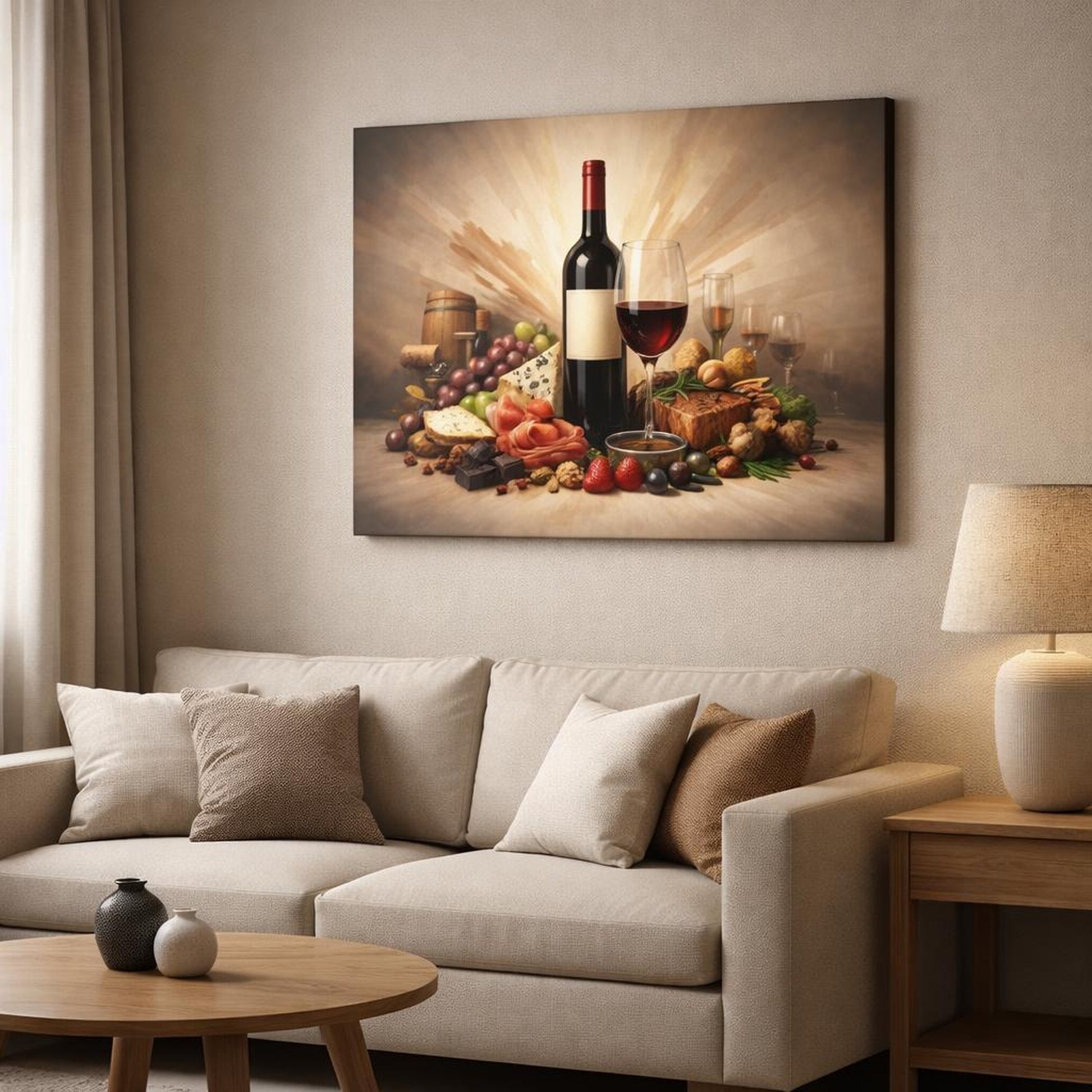 Abstract Wine Pairing shown as canvas wall art in a modern living room
