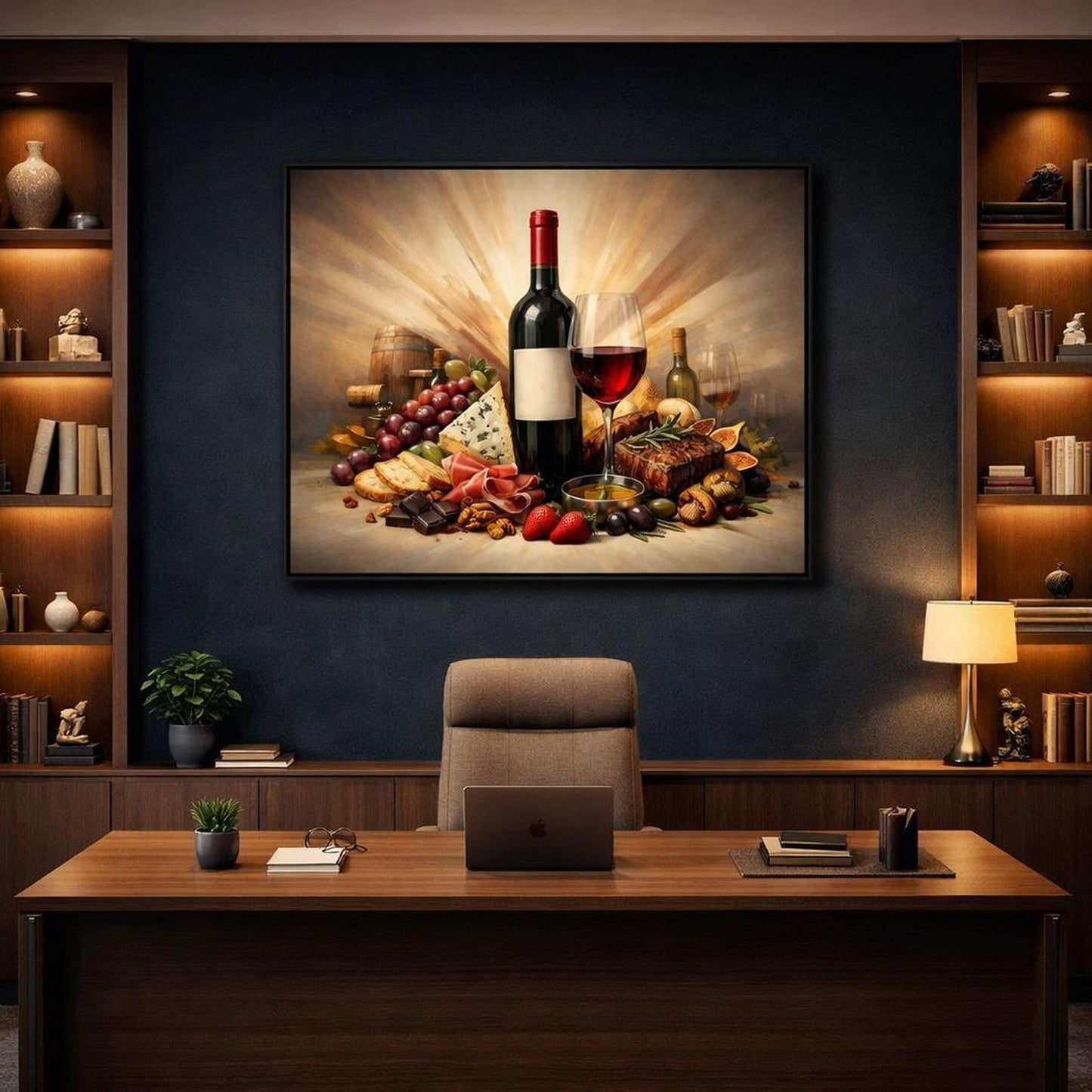 Abstract Wine Pairing shown as canvas wall art in a luxury executive office