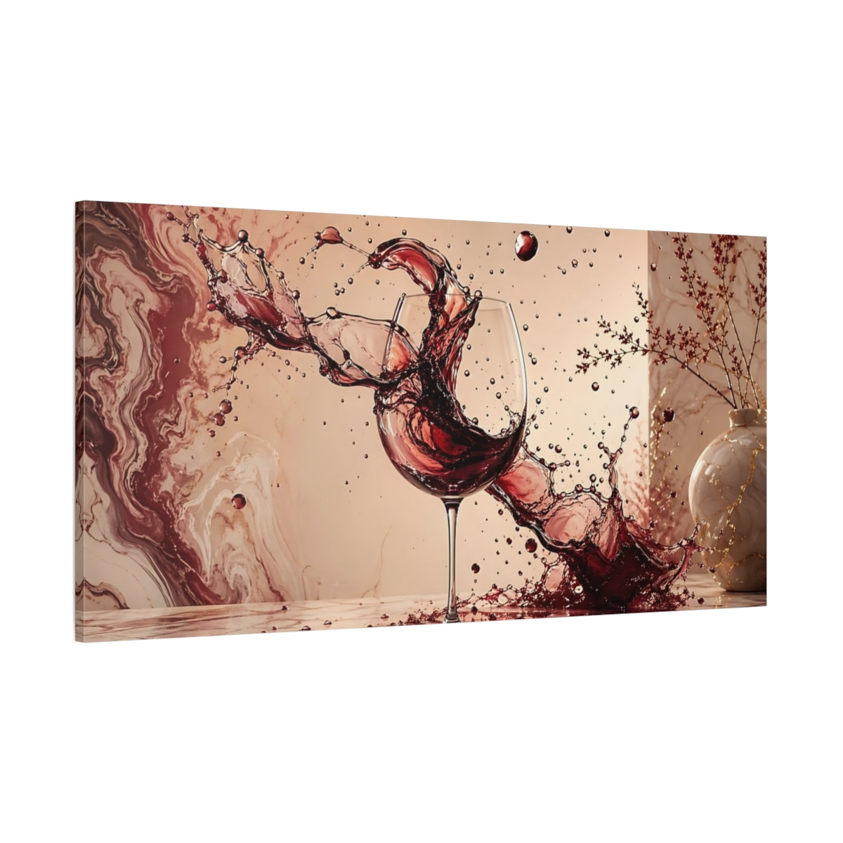 Side Mockup 2. Abstract Wine Splash Red Wine Splash shown as stretched canvas wall art