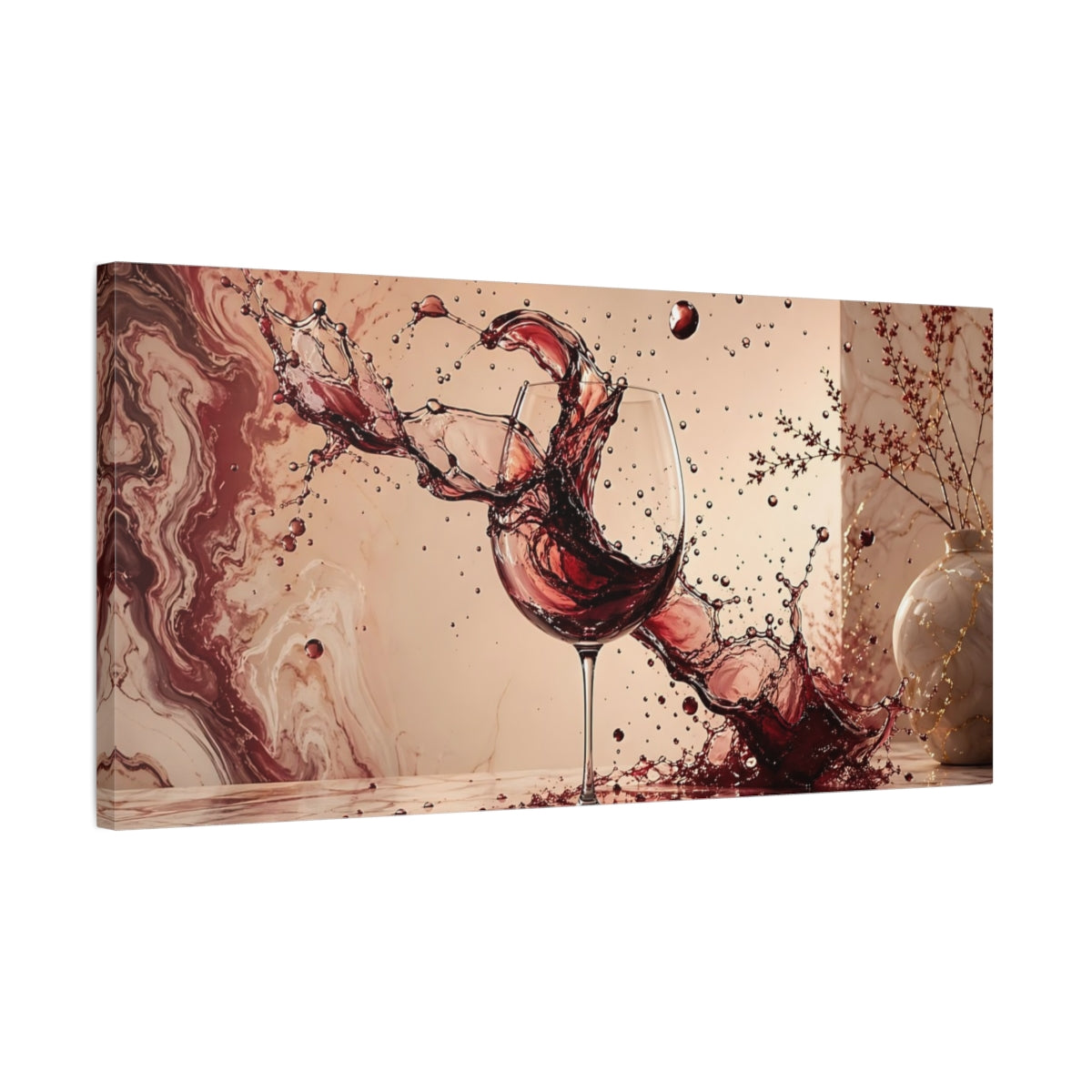 Side Mockup 1. Abstract Wine Splash Red Wine Splash shown as stretched canvas wall art